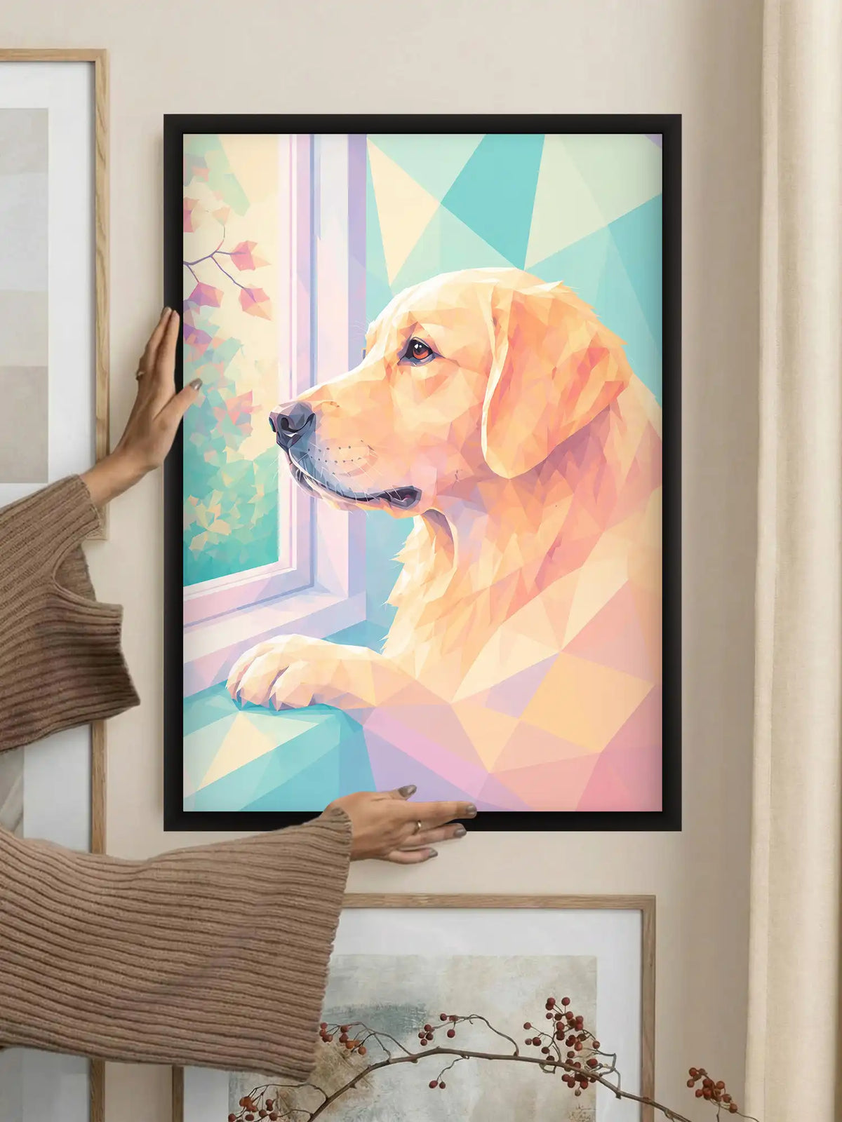 Geometric dog wall art set of 3 - contemporary pet illustration artwork - pastel animal decor - black wooden frames - Spaces Unhooked