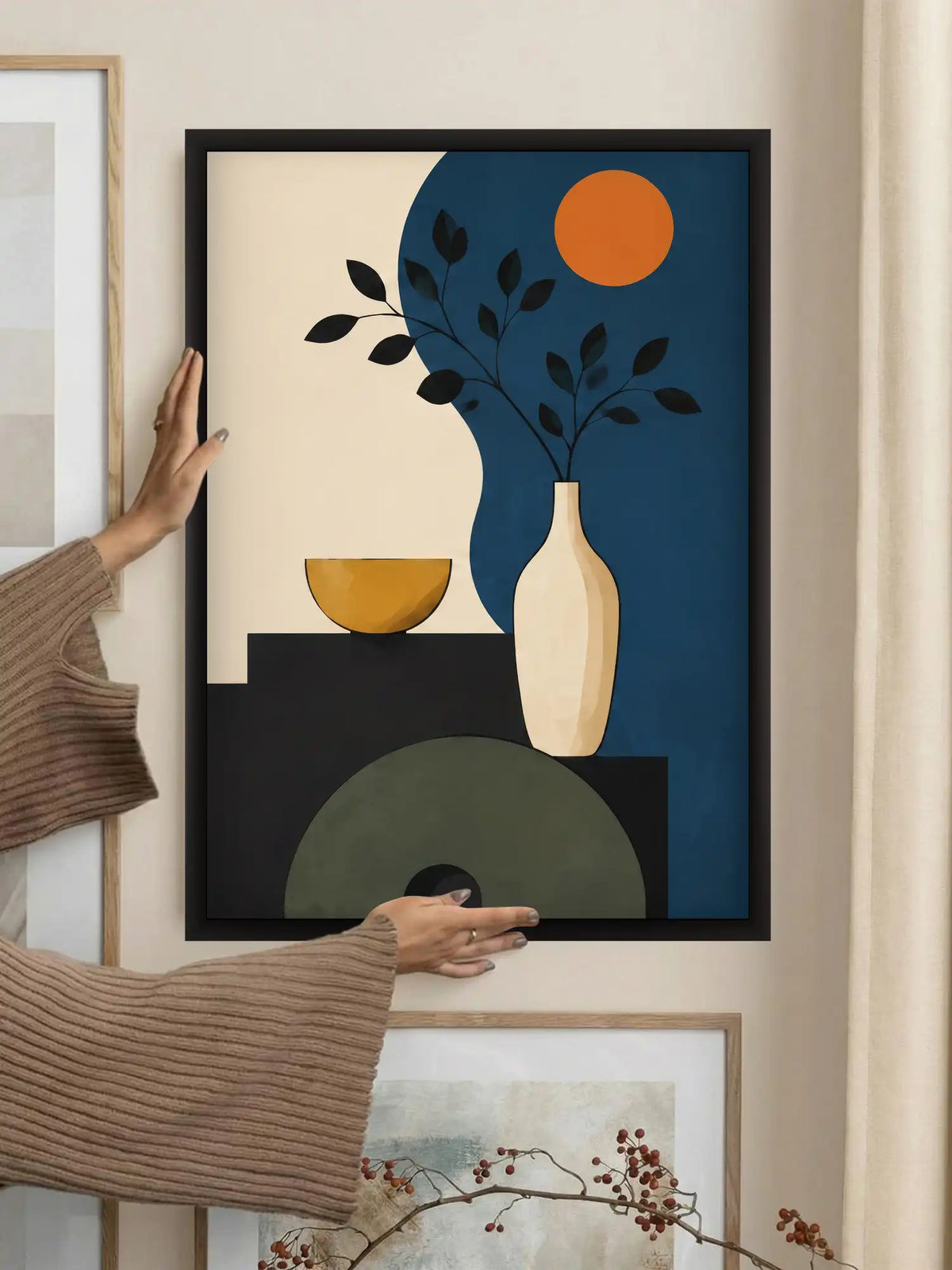 Mid-century modern wall art set of 3 - geometric still life illustration - retro contemporary decor - black wooden frames - Spaces Unhooked