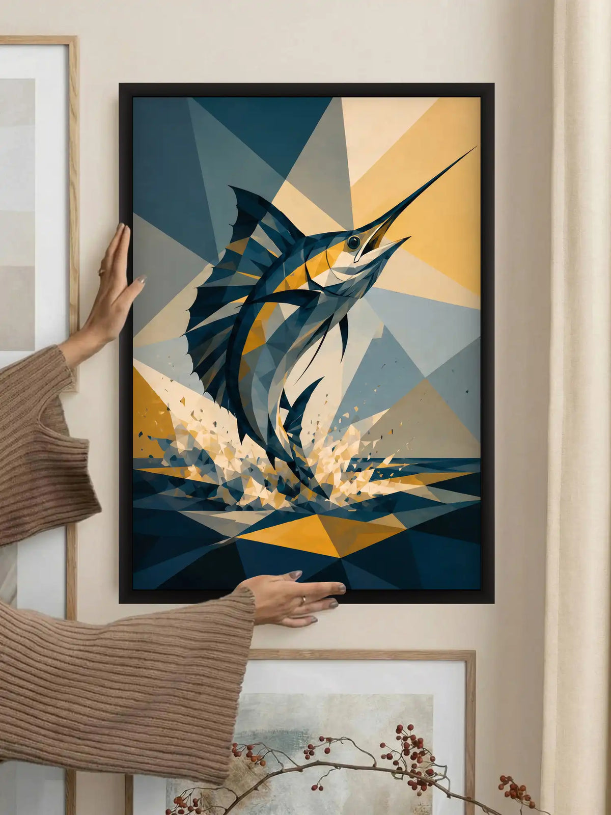 Low-poly coastal wall art set of 3 - geometric ocean illustration artwork - lighthouse and marine decor - black wooden frames - Spaces Unhooked