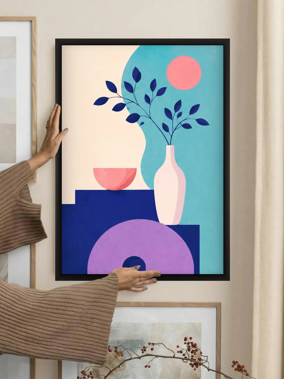 Geometric illustration wall art set of 3 - Memphis still life artwork - colorful abstract decor - black wooden frames - Spaces Unhooked