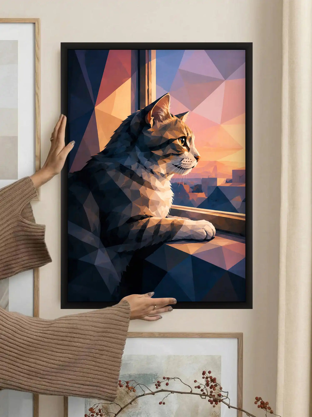 Low-poly cat wall art set of 3 - geometric pet illustration artwork - contemporary animal decor - black wooden frames - Spaces Unhooked