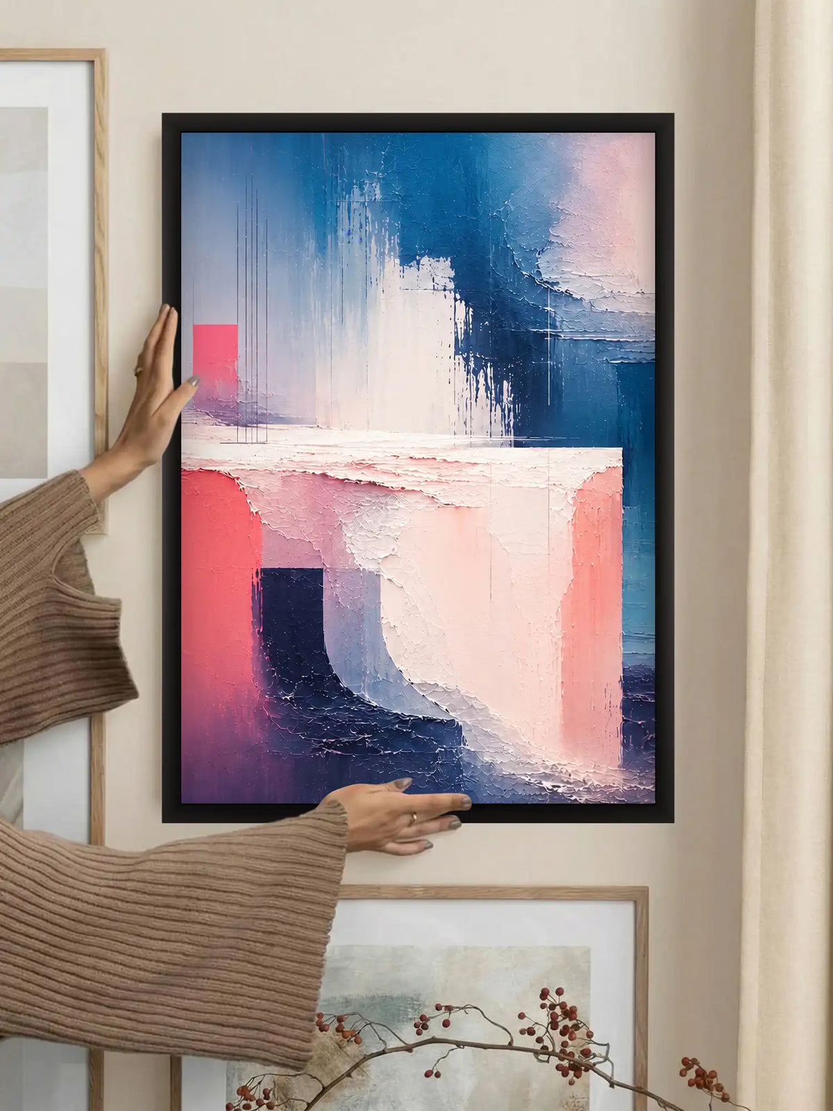 Abstract sea shore wall art set of 3 - painterly abstraction artwork - coastal contemporary decor - black wooden frames - Spaces Unhooked