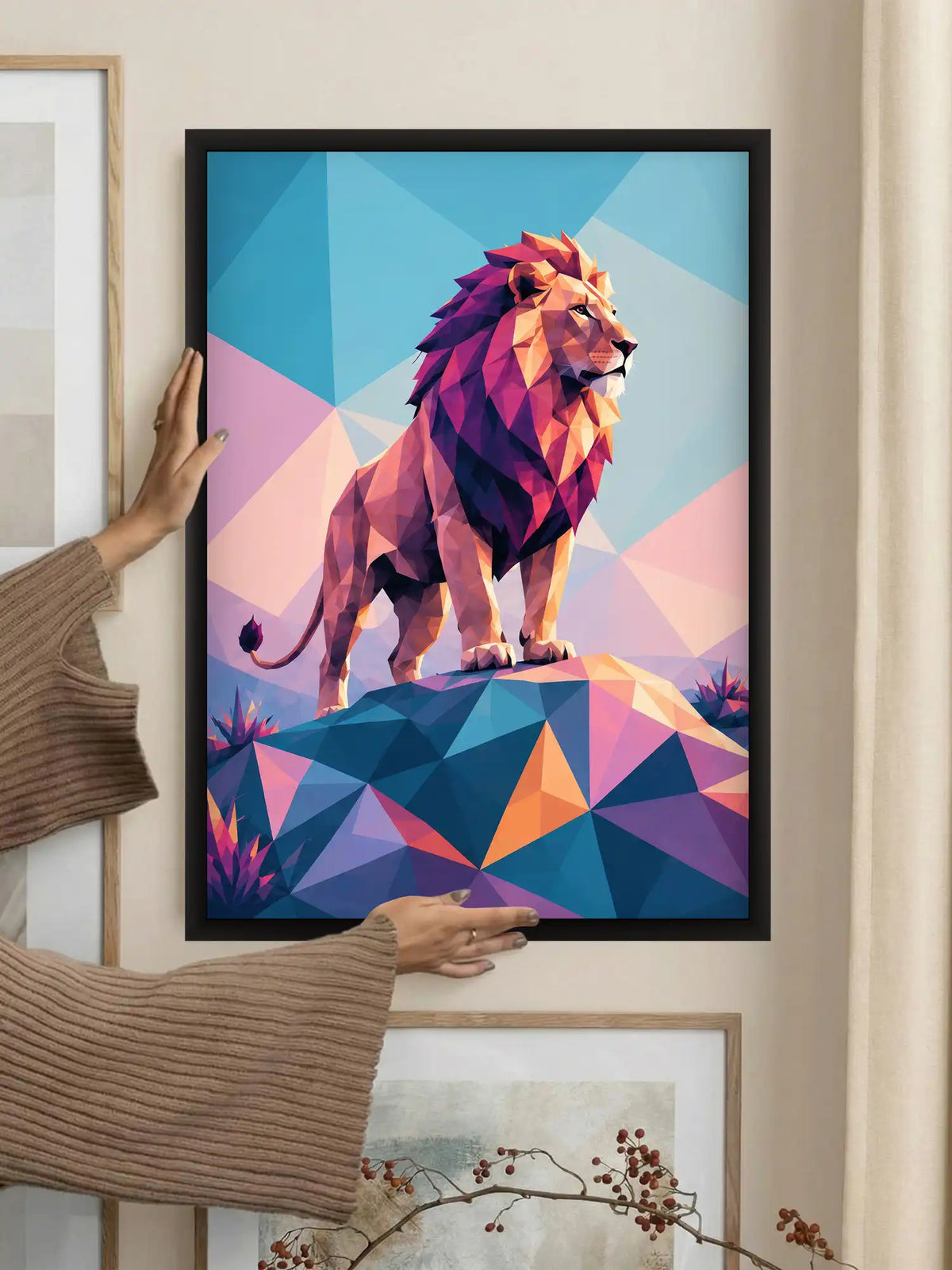 Low-poly wildlife wall art set of 3 - geometric lion illustration artwork - modern geometric decor - black wooden frames - Spaces Unhooked