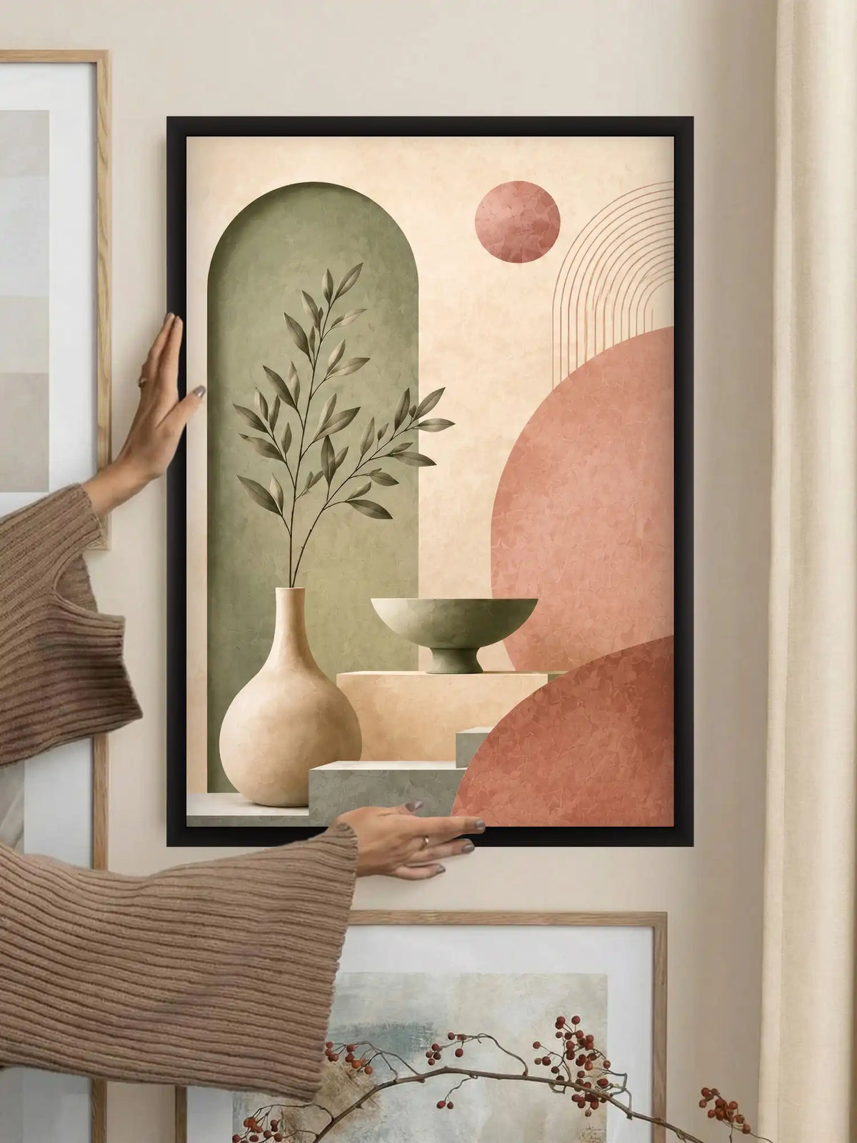Digital Illustration - Minimal Boho Still Life Earthy Tones - Black Wooden Wall Frames - Spaces Unhooked