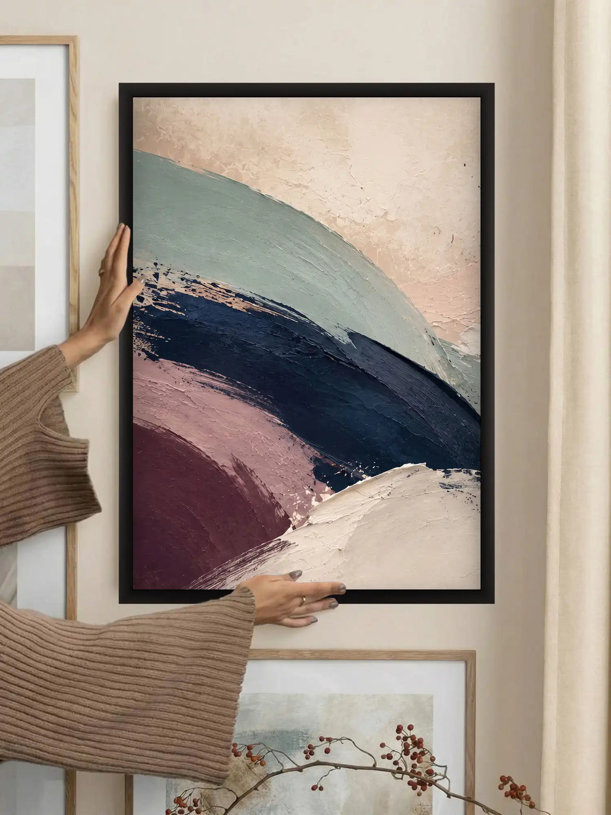 Abstract wall art set of 3 - gestural abstraction artwork - contemporary abstract forms - black wooden frames - Spaces Unhooked