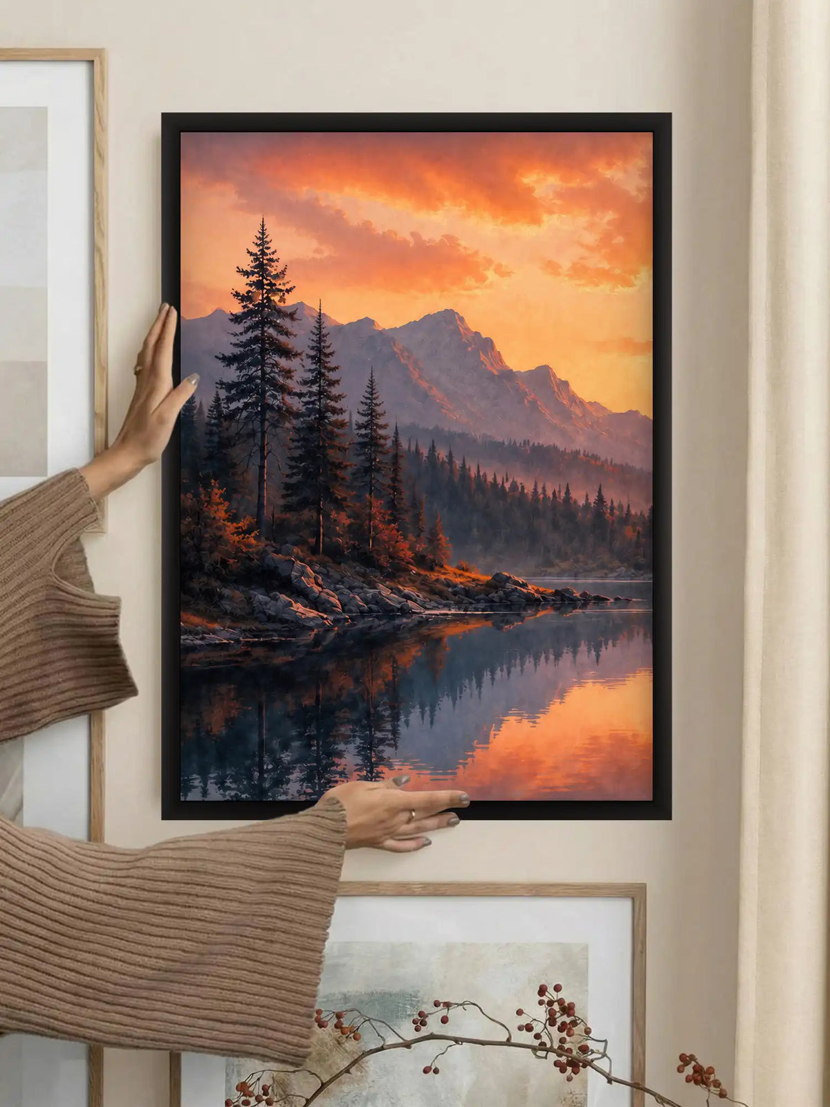 Digital Landscape Painting - Mountain Lake Sunset Autumn - Black Wooden Wall Frames - Atmospheric Landscape - Spaces Unhooked