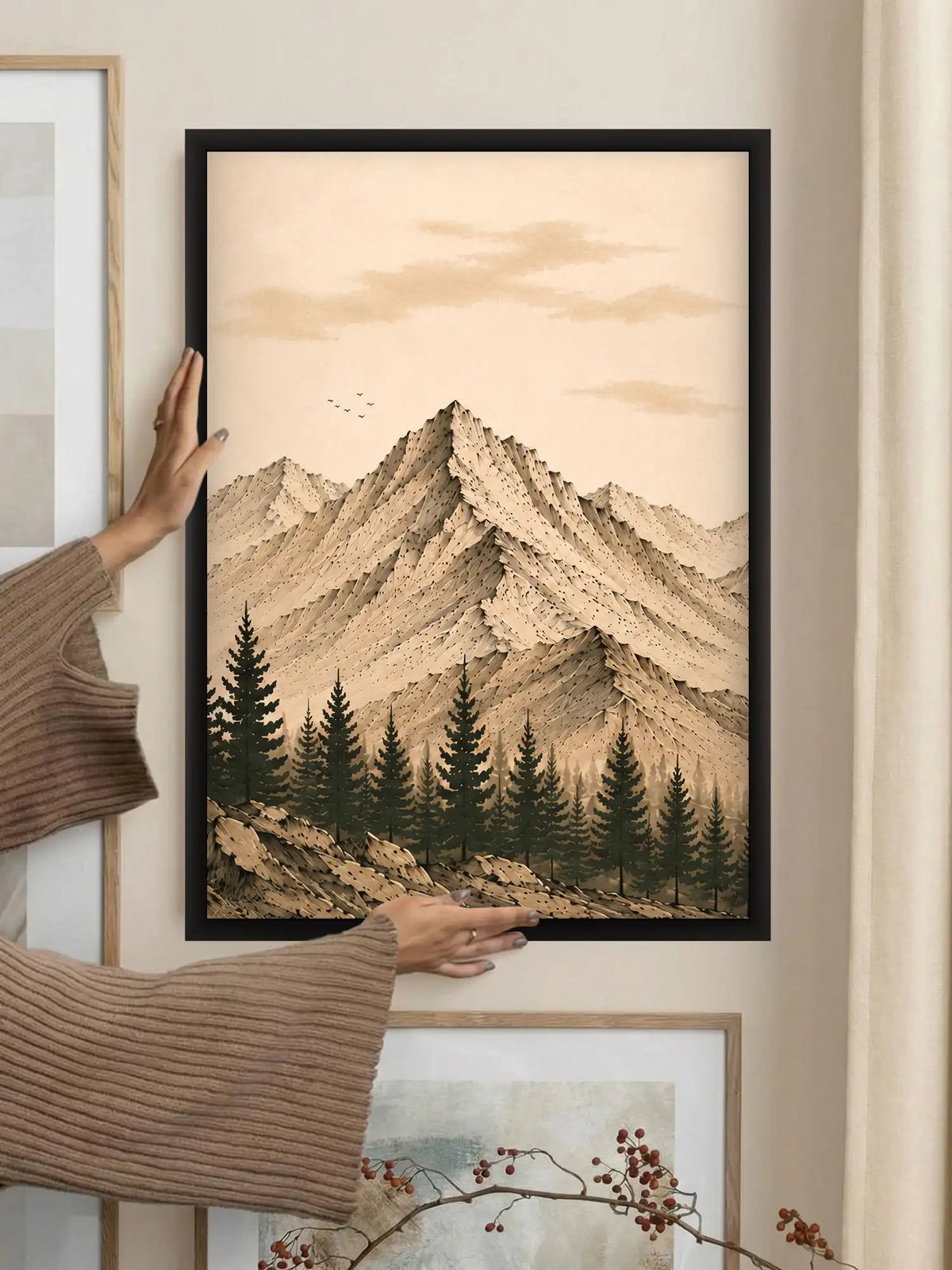 Ink Wash Illustration - Minimalist Zen Mountain Landscape Sepia - Black Wooden Wall Frames - Spaces Unhooke