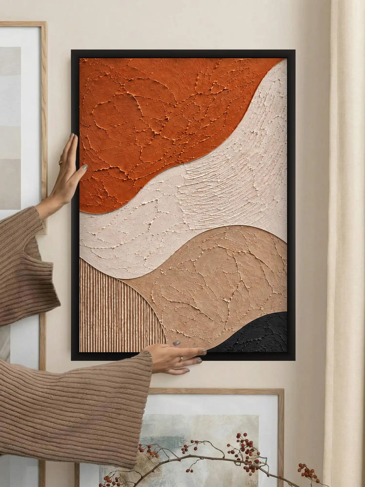 Textured Abstract - Abstract Organic Forms Terracotta Black - Black Wooden Wall Frames - Spaces Unhooked