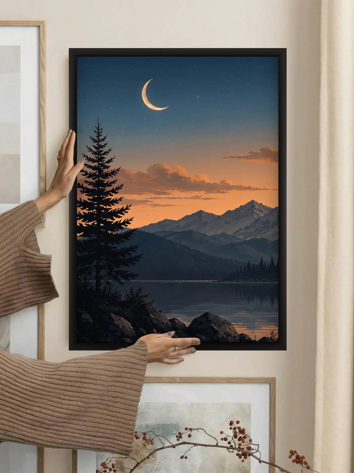 Digital Matte Painting - Mountain Sunset Alpine Lake - Black Wooden Wall Frames - Atmospheric Landscape - Spaces Unhooked