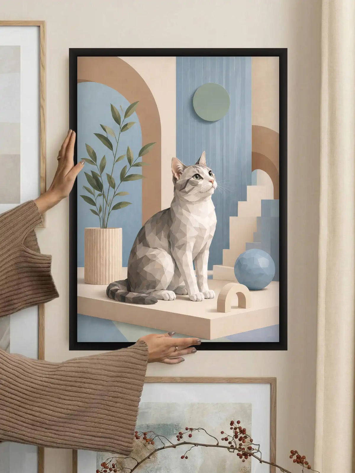 Low Poly Illustration - Playful Cat Geometric Minimalism - Black Wooden Wall Frames - Spaces Unhooked