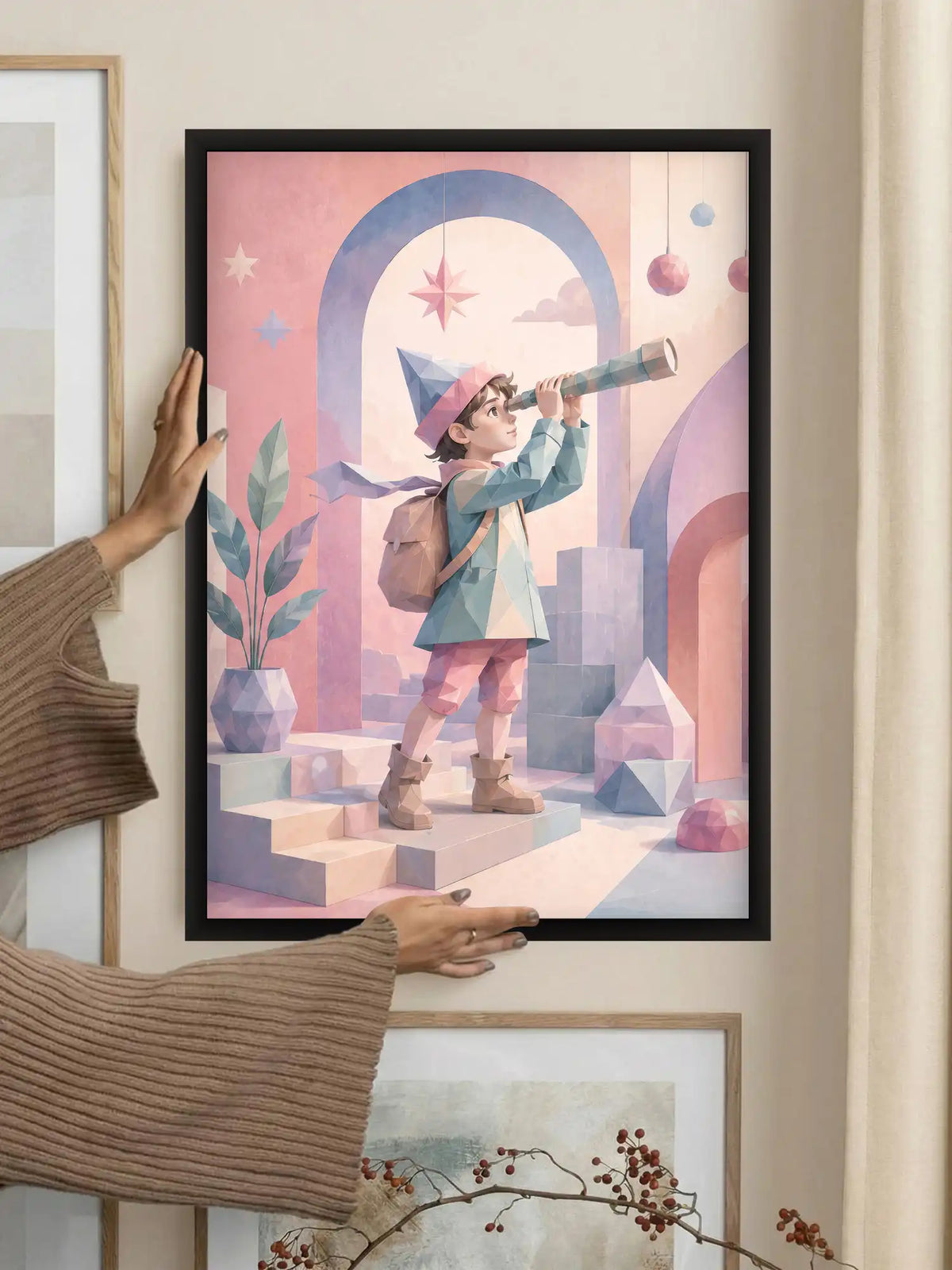 Low Poly Illustration - Childhood Imagination Fantasy Kids - Black Wooden Wall Frames - Spaces Unhooked