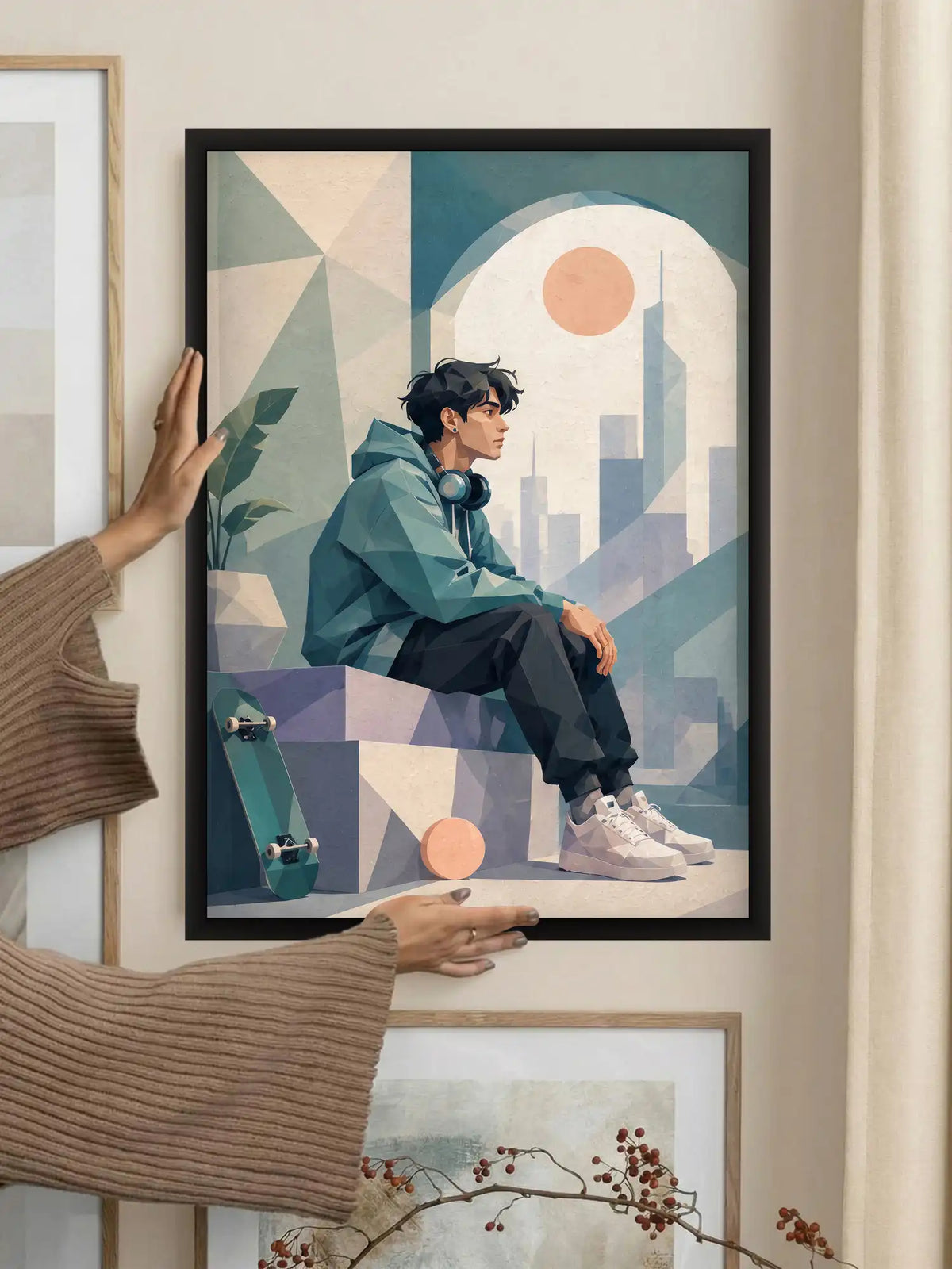 Low Poly Illustration - Modern Youth Urban Teen - Black Wooden Wall Frames - Geometric Minimalism - Spaces Unhooked