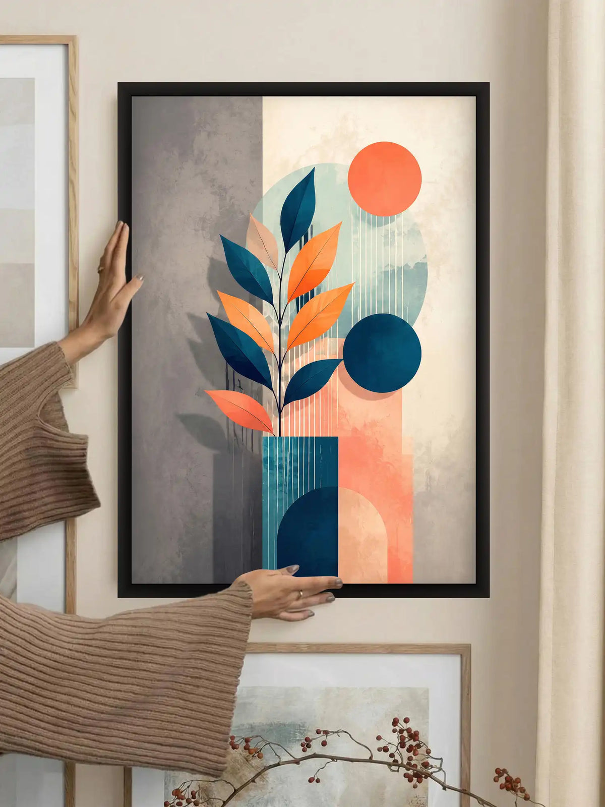 Vector Illustration - Geometric Botanical Still Life Navy Orange - Black Wooden Wall Frames - Spaces Unhooked