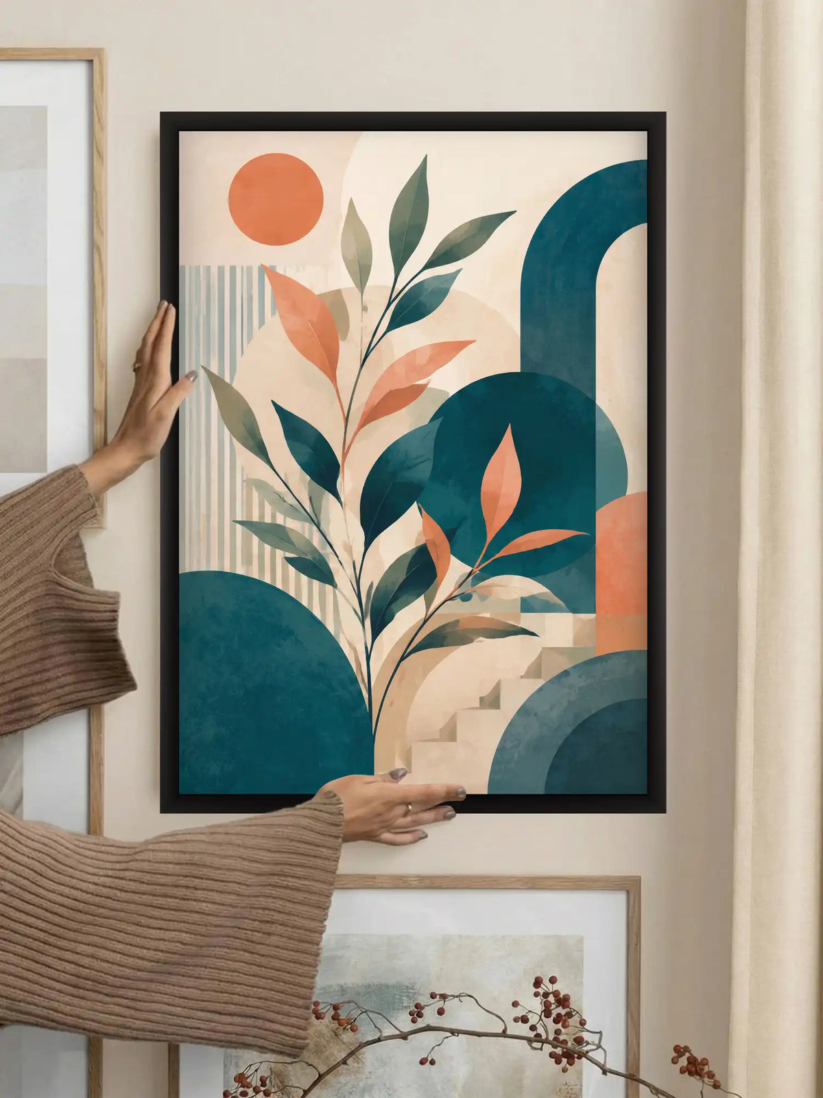 Stylized Illustration - Boho Botanical Still Life Geometric - Black Wooden Wall Frames - Spaces Unhooked