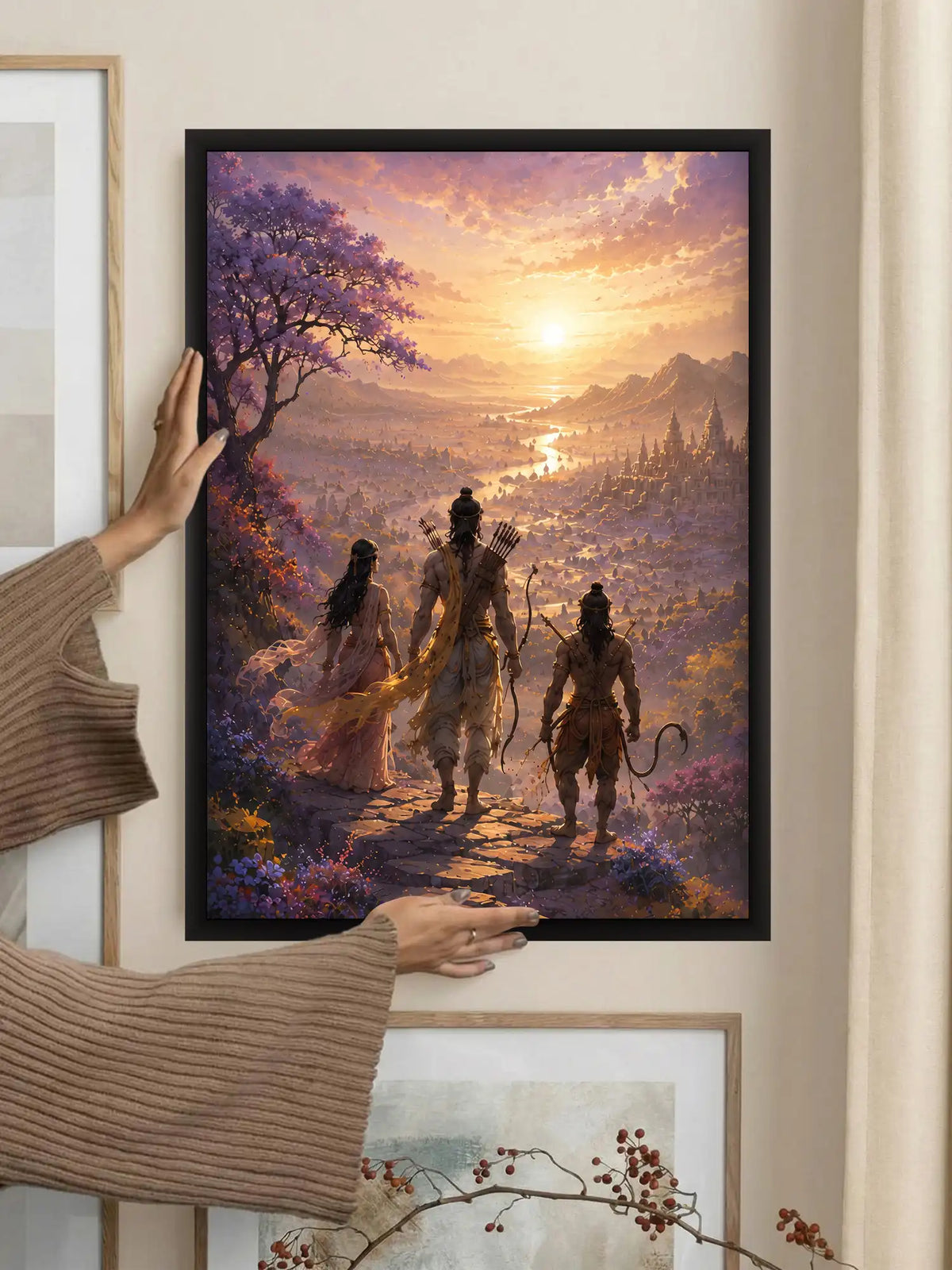 Digital Matte Painting - Ramayana Epic Ram Sita Hanuman - Black Wooden Wall Frames - Mythological Art - Spaces Unhooked