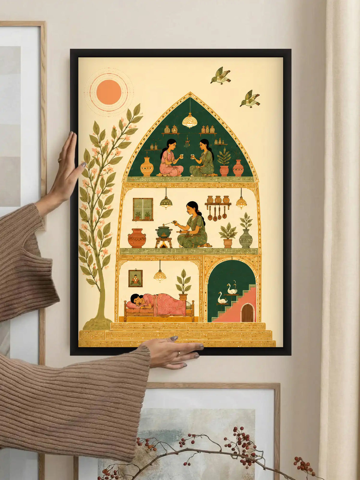 Narrative Illustration - Gond Art Domestic Life Indian Home - Black Wooden Wall Frames - Spaces Unhooked