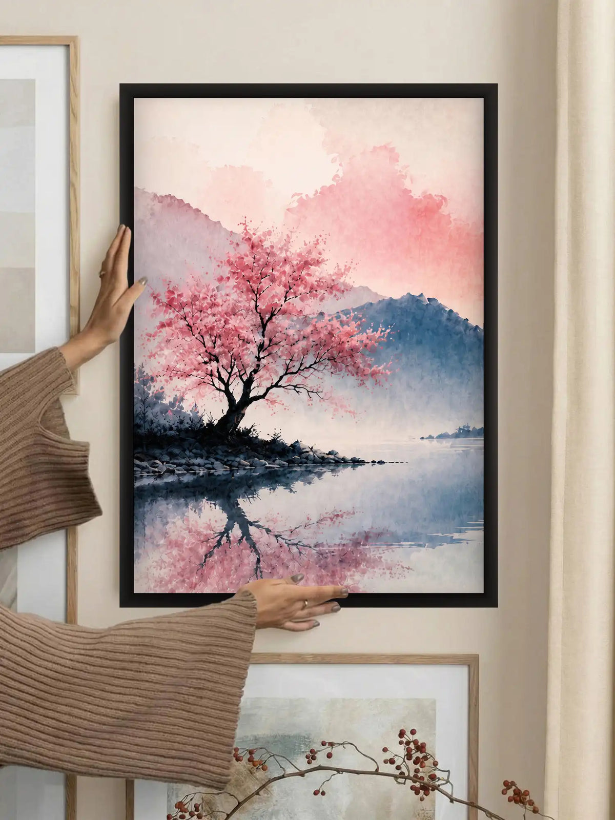 Watercolor Landscape - Tranquil Mountain Lake Zen - Black Wooden Wall Frames - Zen Inspired Decor - Spaces Unhooked