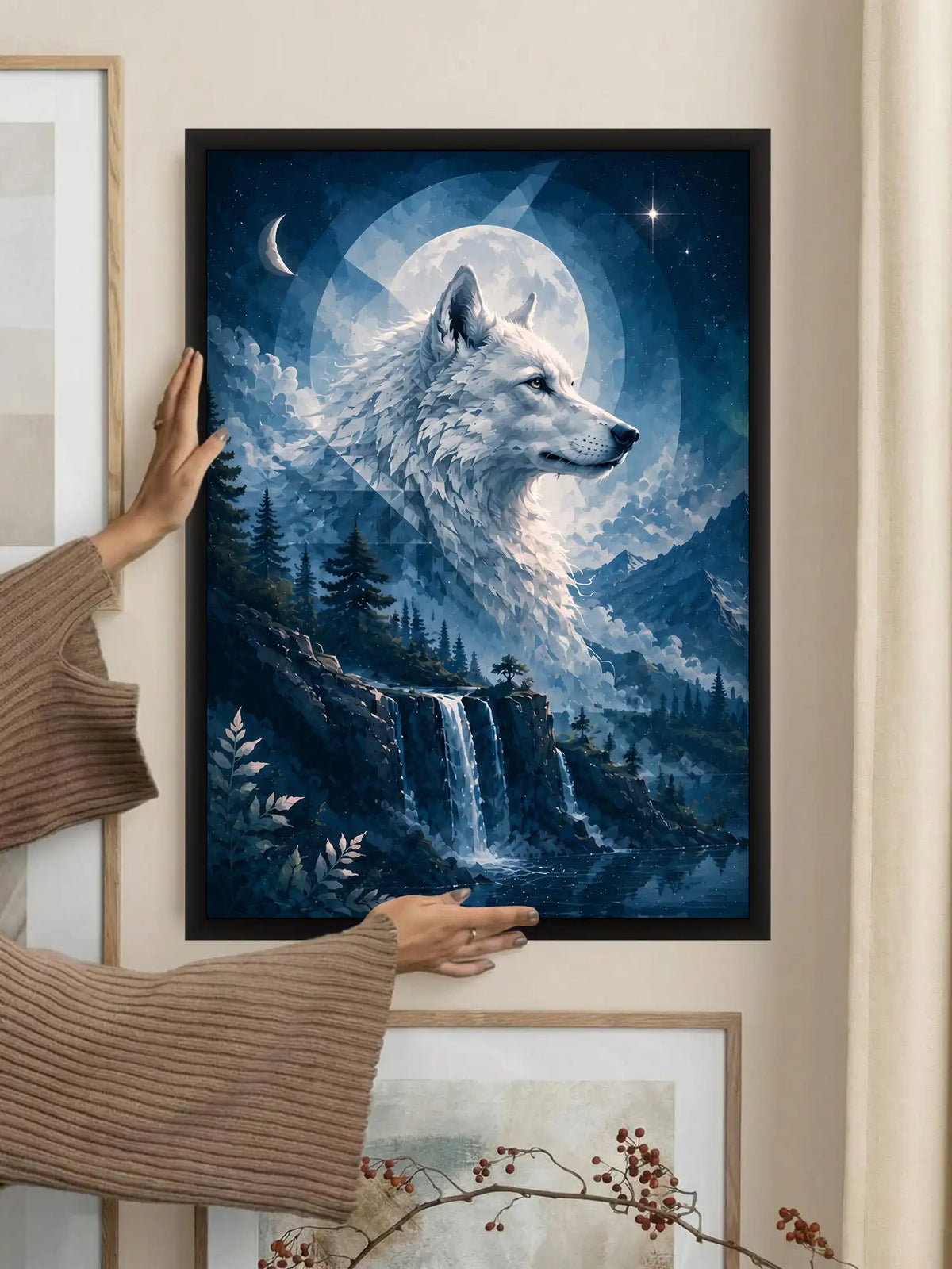 Digital Illustration - Celestial Wolf Spirit Night - Black Wooden Wall Frames - Nature Inspired Decor - Spaces Unhooked