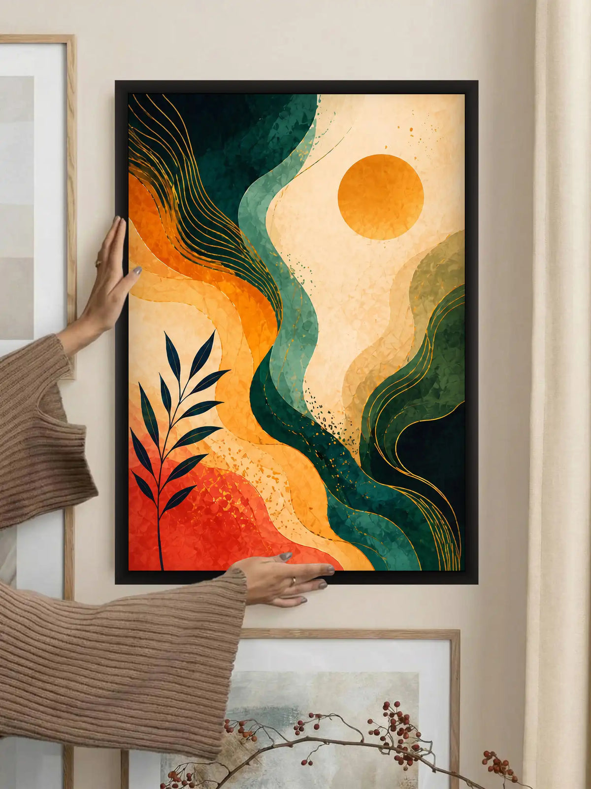 Organic Abstract Boho - Flowing Botanical Rhythms - Black Wooden Wall Frames - Modern Eclectic Decor - Spaces Unhooked