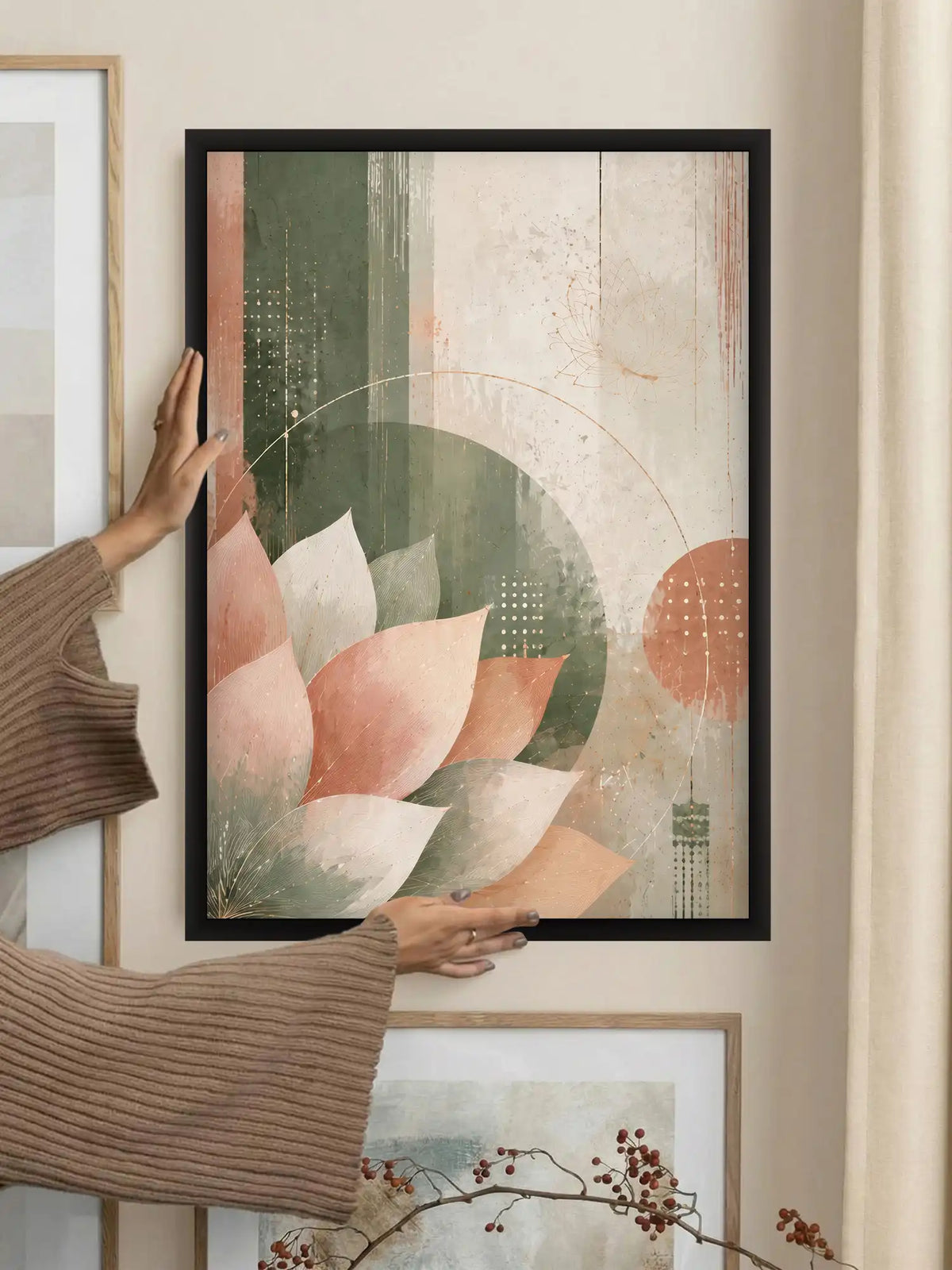 Sacred Decorative Art - Goddess Lakshmi Lotus Spirituality - Black Wooden Wall Frames - Modern Spiritual - Spaces Unhooked