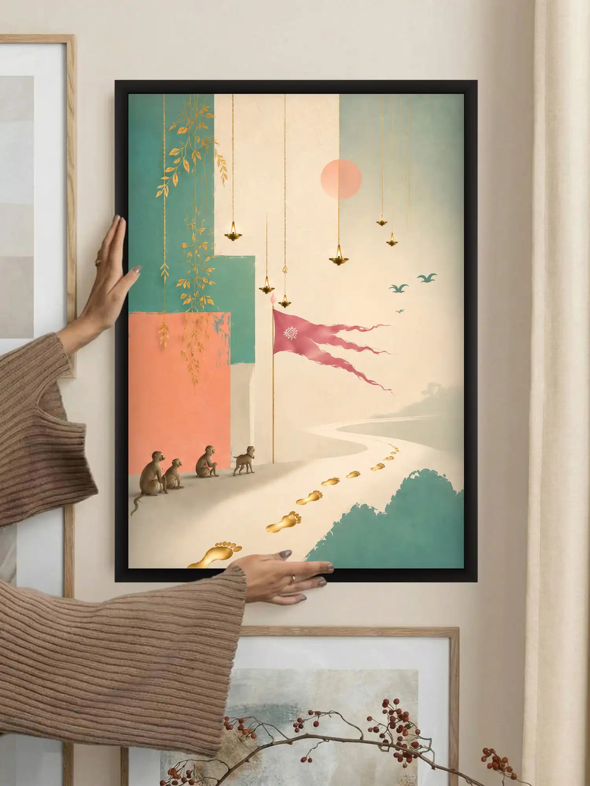 
Symbolic Minimalism - Ramayana Journey Devotion - Black Wooden Wall Frames - Contemporary Spiritual Pastel Heritage - Spaces Unhooked