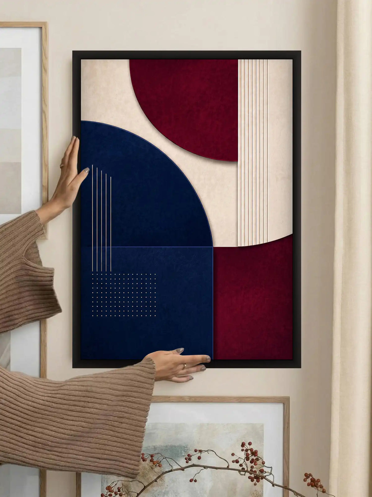 Modern Contemporary Abstract Geometry - Burgundy Navy Green - Black Wooden Wall Frames - Spaces Unhooked