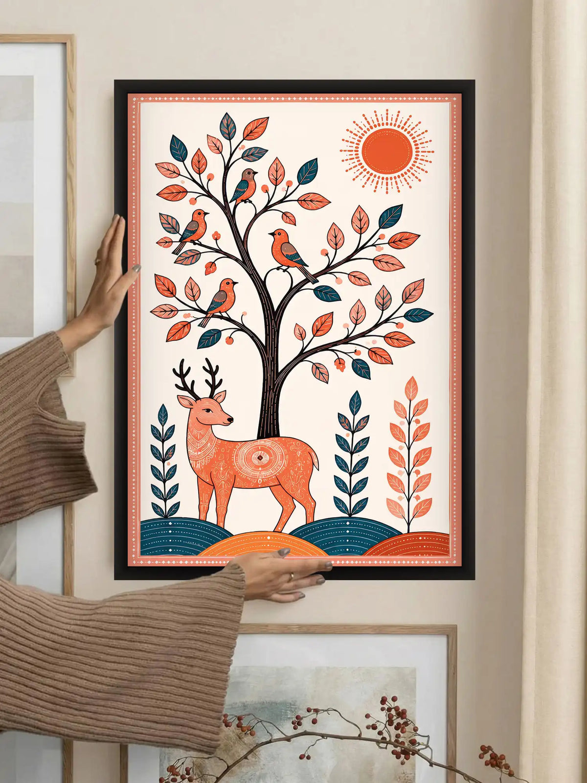 Madhubani Wildlife Art - Deer Elephant Peacock - Black Wooden Wall Frames - Traditional Modern - Spaces Unhooked