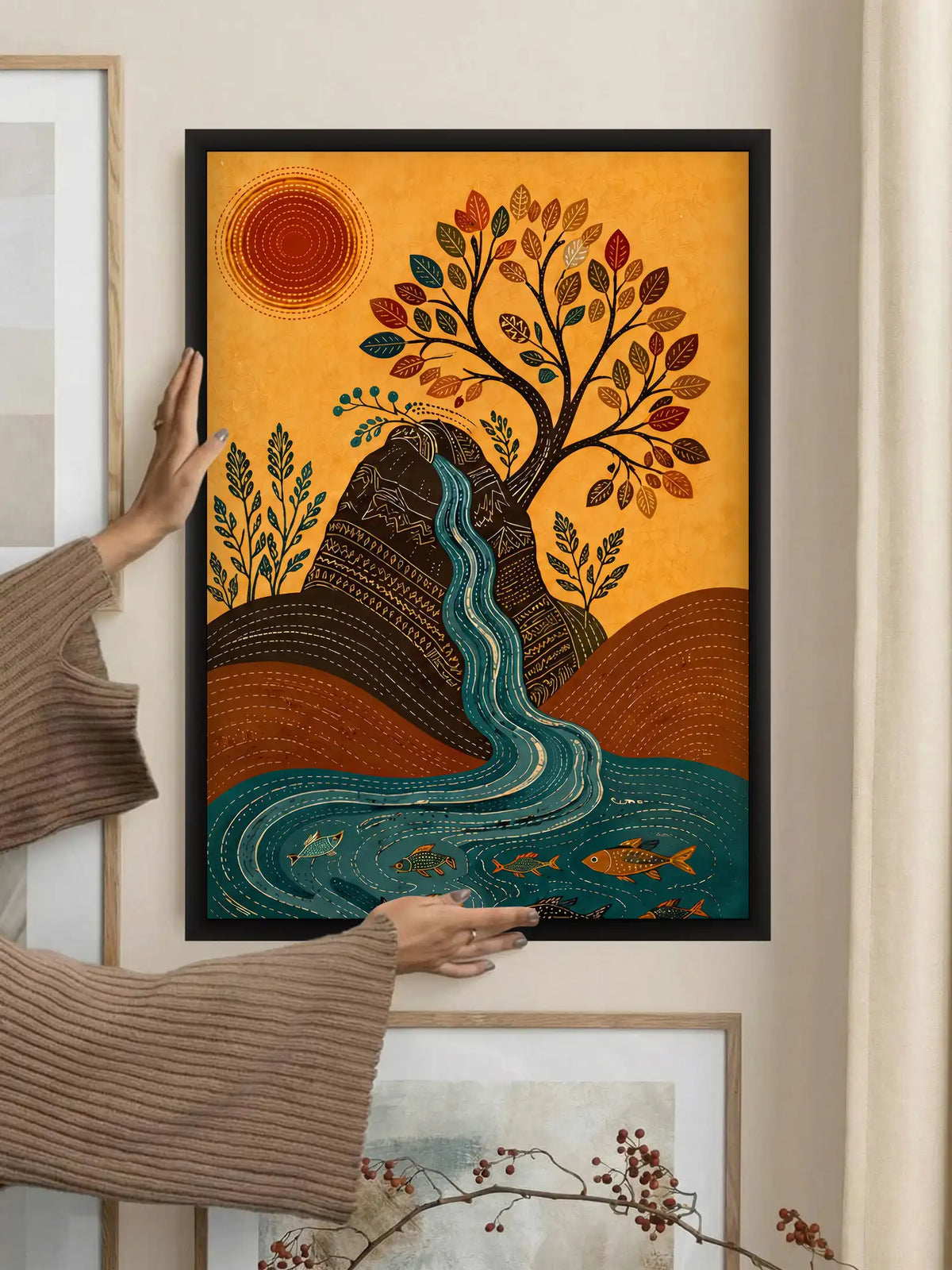 Madhubani Nature Cycle Art - River Tree Birds - Black Wooden Wall Frames - Traditional Modern - Spaces Unhooked