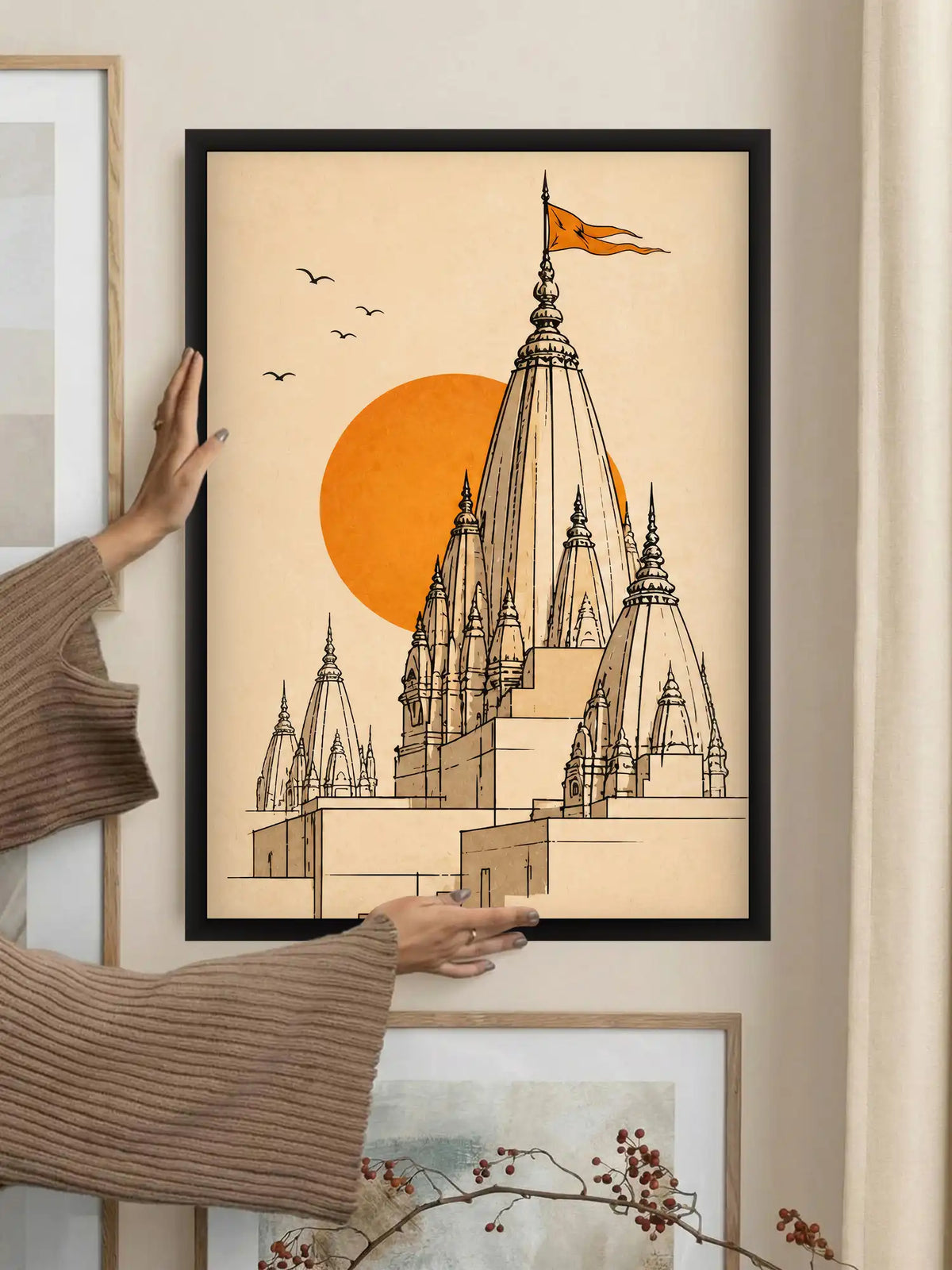 Minimalist Line Art - Varanasi Spiritual Cityscape - Black Wooden Wall Frames - Spiritual Aesthetic - Spaces Unhooked