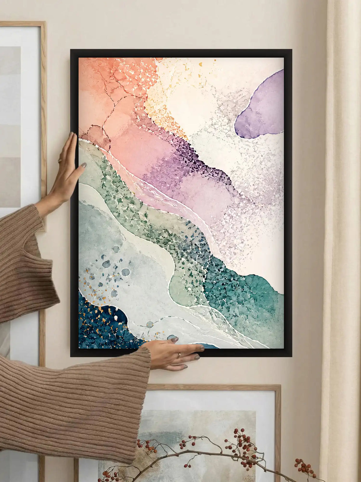 Abstract Watercolor Art - Nature Fluidity Organic Forms - Black Wooden Wall Frames - Organic Luxe - Spaces Unhooked