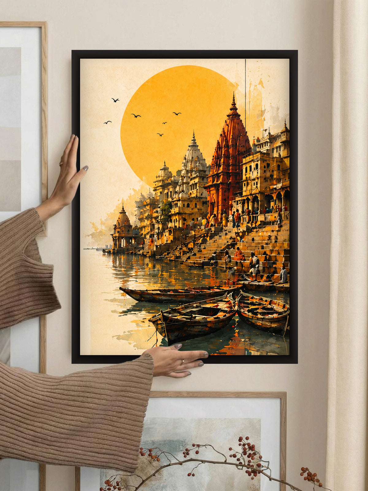 Vibrant contemporary heritage art inspired by Kashi. Set of 3 wooden framed paintings to elevate your home decor.