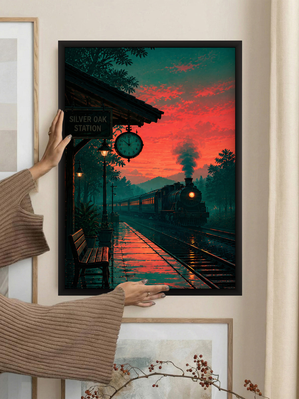 Dreamy dusk-inspired digital illustration framed in wood. Set of 3 wall art pieces perfect for contemporary spaces.