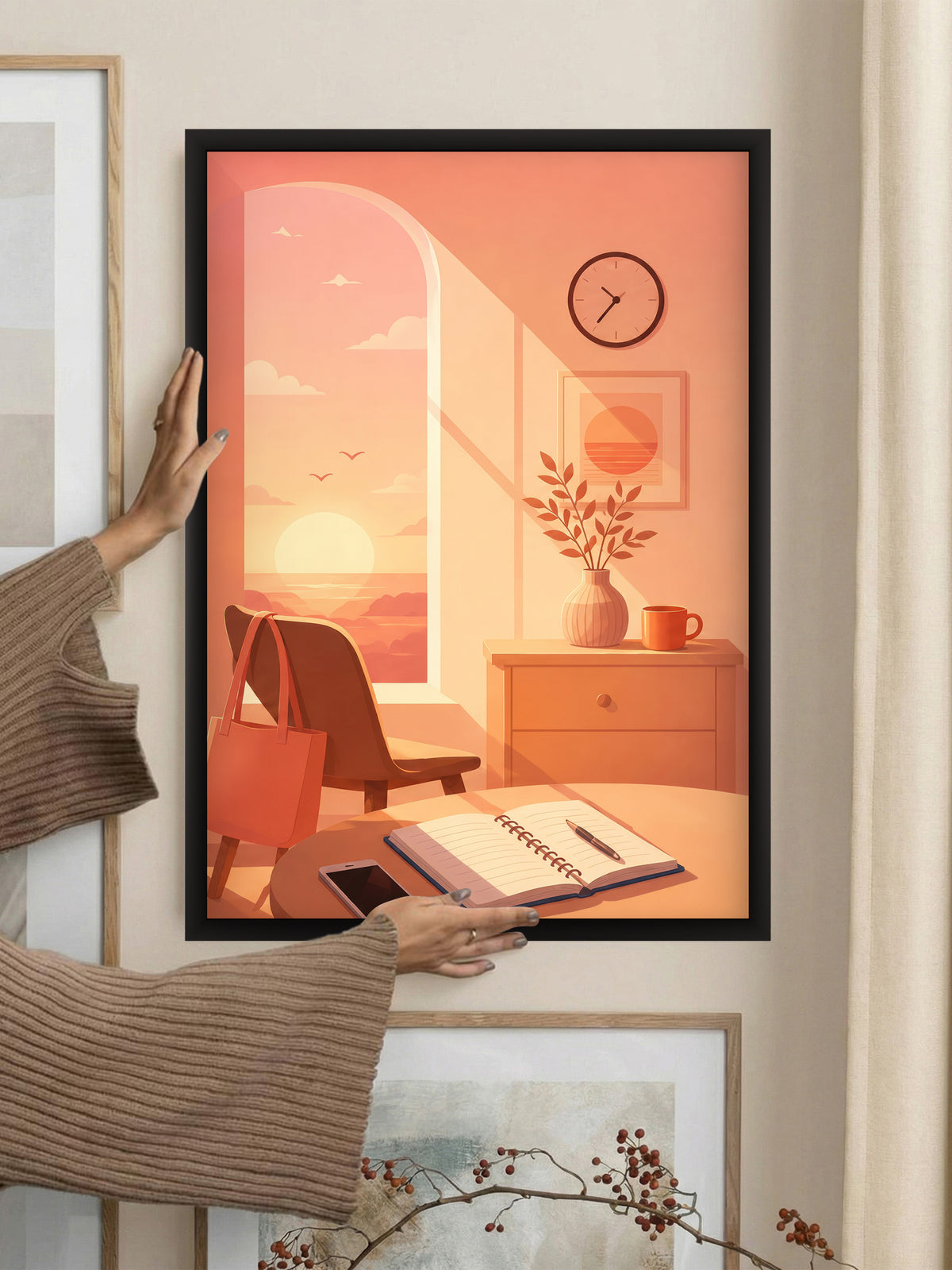 Capture the magic of golden hour with this warm digital illustration in a polished wooden frame for your walls.