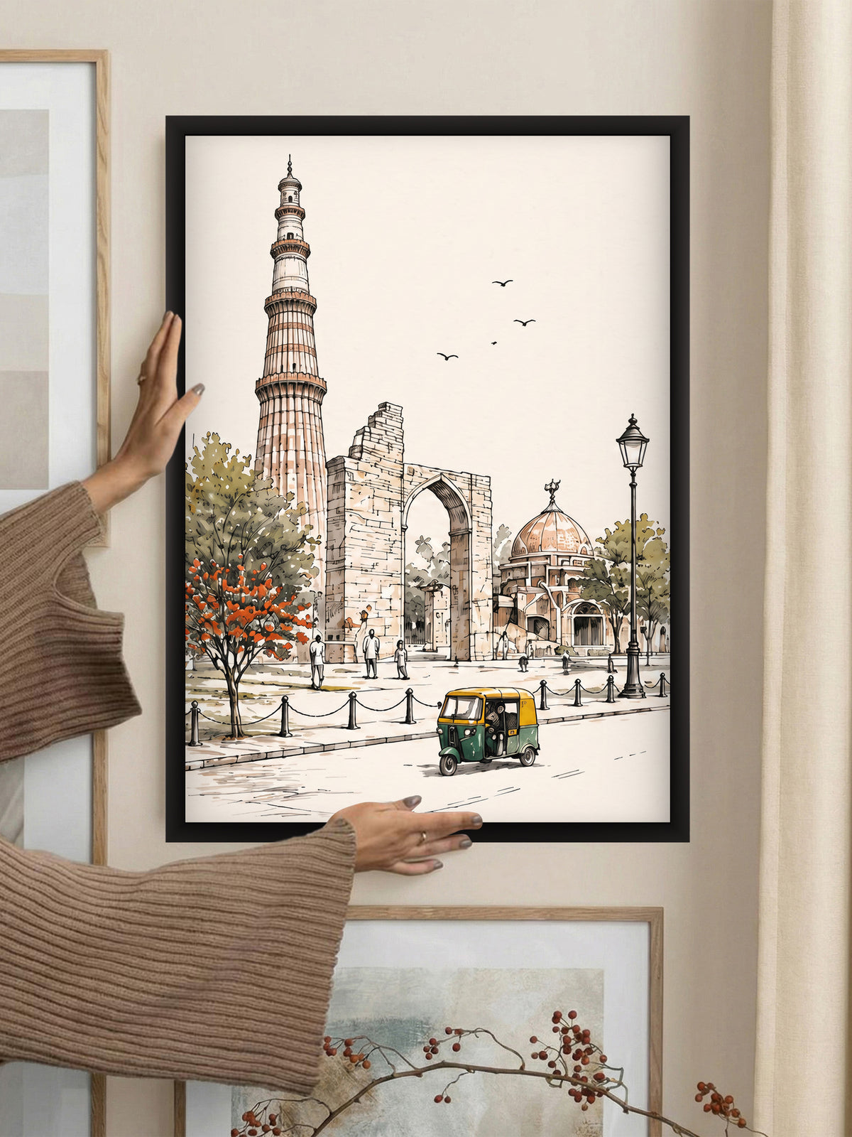 Architectural line art depicting Delhi landmarks in a set of 3 wooden wall frames