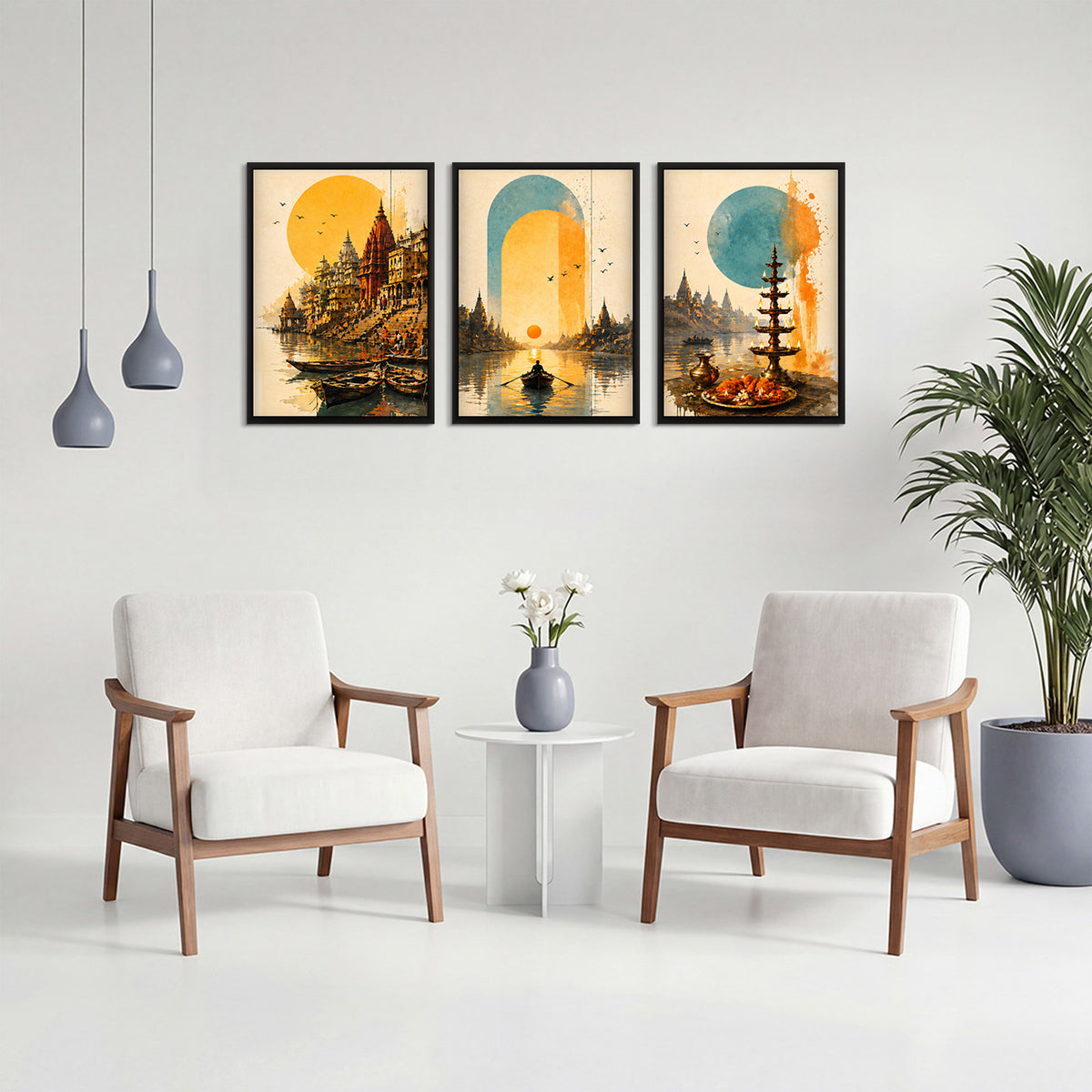 Vibrant contemporary heritage art inspired by Kashi. Set of 3 wooden framed paintings to elevate your home decor.