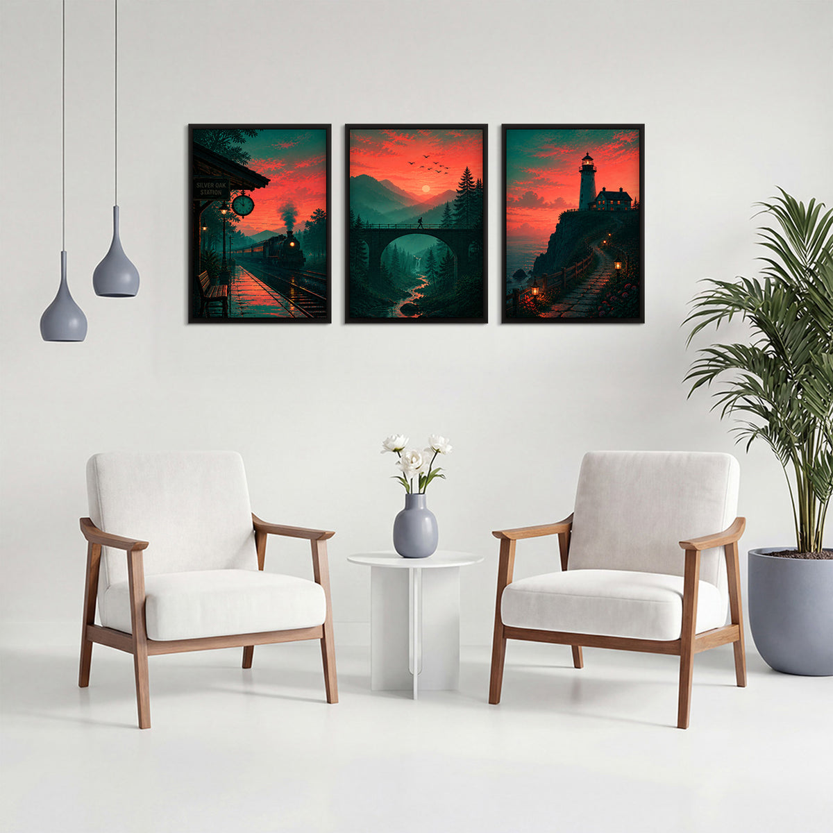 Dreamy dusk-inspired digital illustration framed in wood. Set of 3 wall art pieces perfect for contemporary spaces.