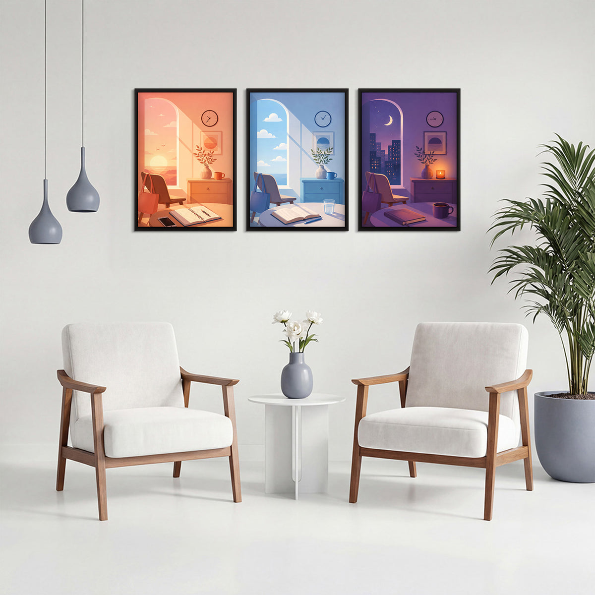 Capture the magic of golden hour with this warm digital illustration in a polished wooden frame for your walls.