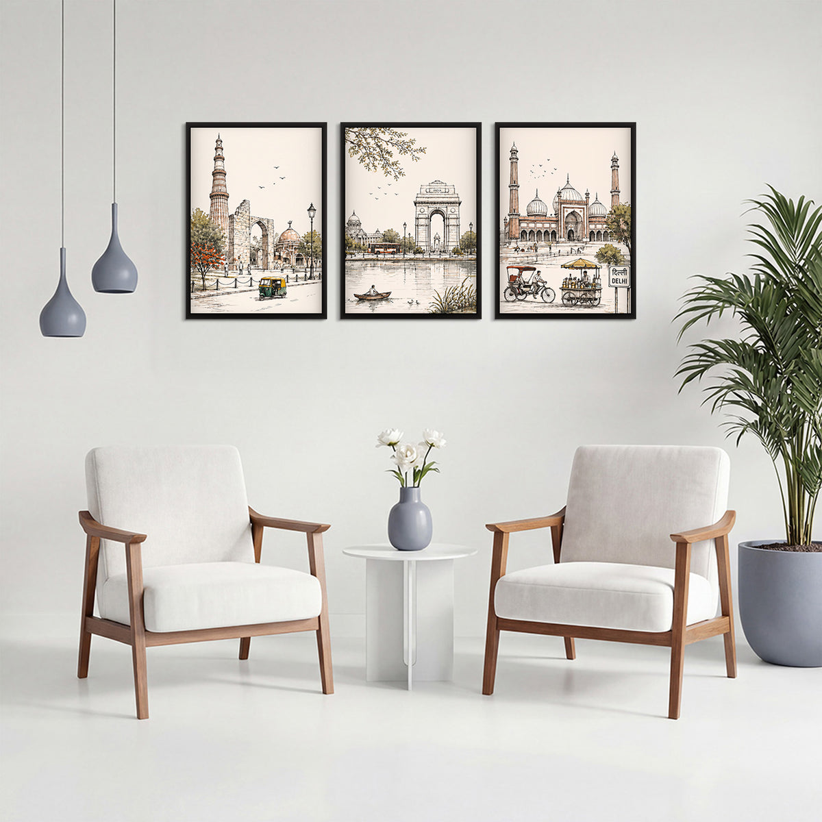 Architectural line art depicting Delhi landmarks in a set of 3 wooden wall frames