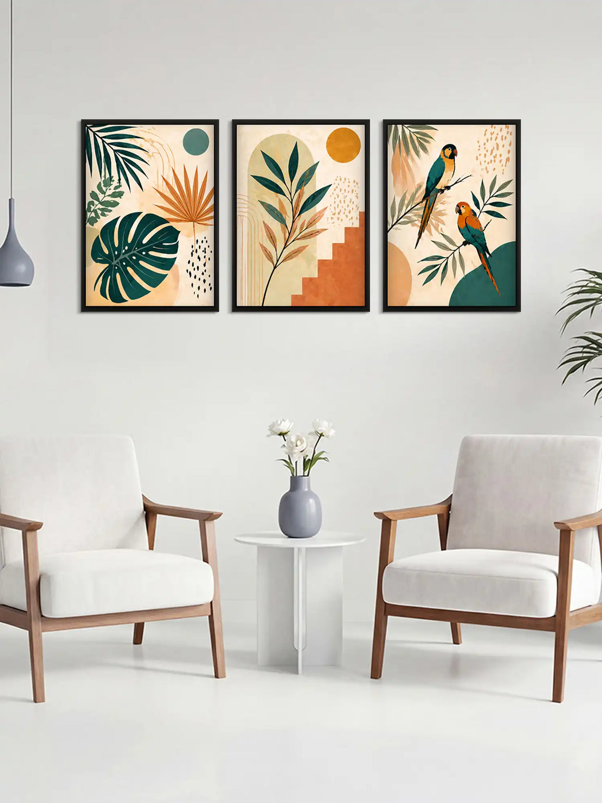 Boho tropical wall art set of 3 - botanical illustration artwork - tropical leaves and exotic birds decor - black wooden frames - Spaces Unhooked