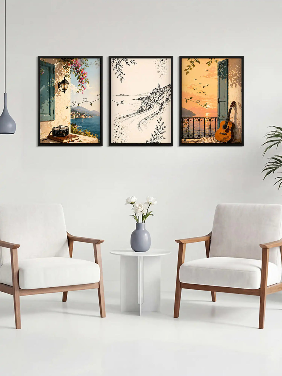 Mediterranean travel wall art set of 3 - coastal lifestyle illustration artwork - European seaside decor - black wooden frames - Spaces Unhooked