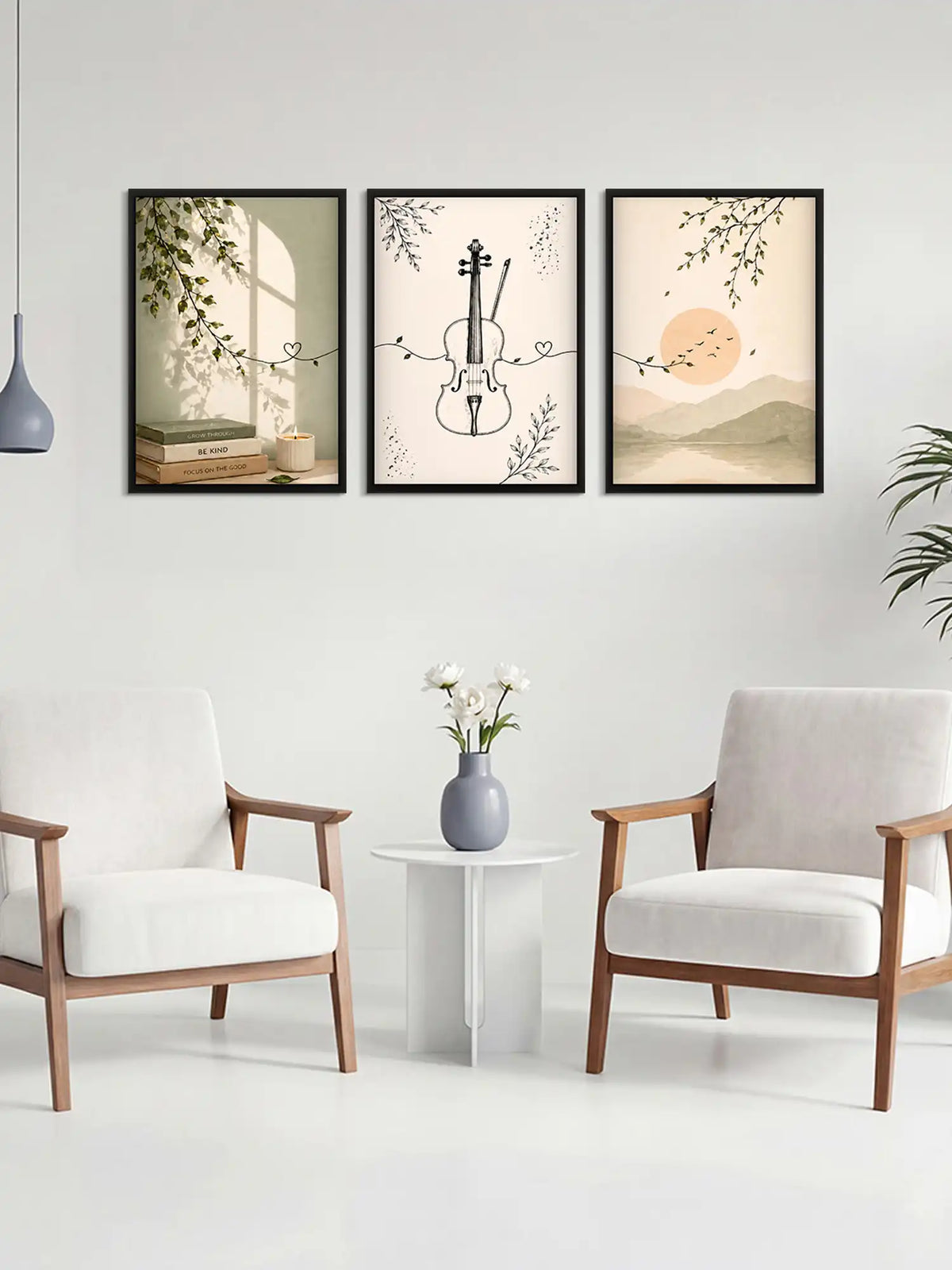 Japandi mindfulness wall art set of 3 - organic minimalism nature artwork - calming botanical decor - black wooden frames - Spaces Unhooked