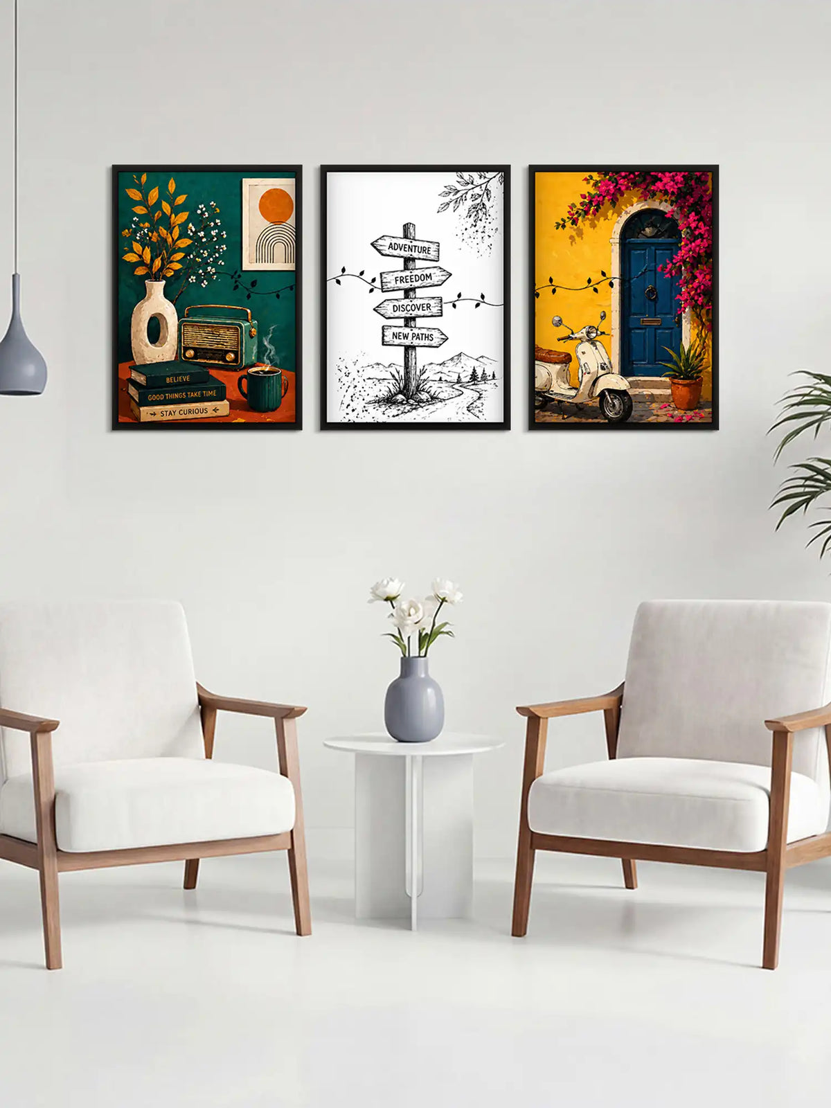 Lifestyle and travel wall art set of 3 - vintage eclectic illustration artwork - wanderlust inspired decor - black wooden frames - Spaces Unhooked