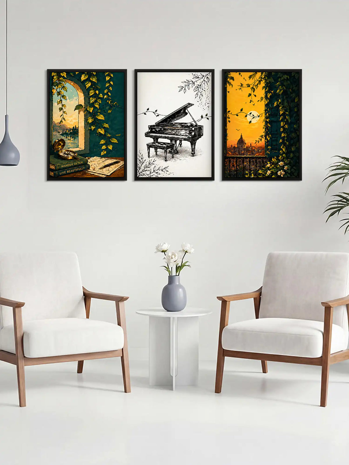European vintage travel wall art set of 3 - cultural illustration artwork - architecture and exploration decor - black wooden frames - Spaces Unhooked