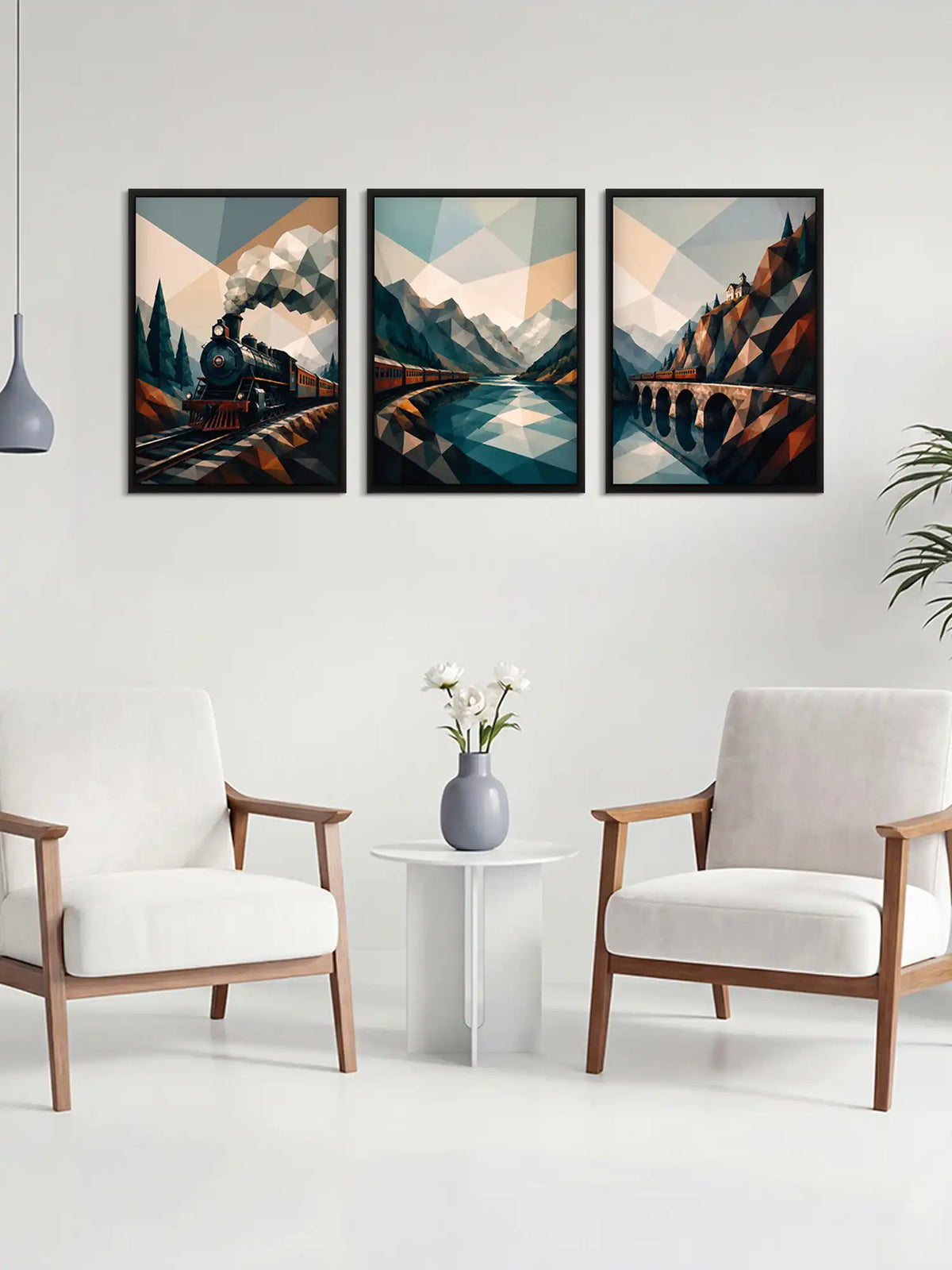 Travel and transportation wall art set of 3 - geometric train landscape artwork - mountain railway illustration - black wooden frames - Spaces Unhooked
