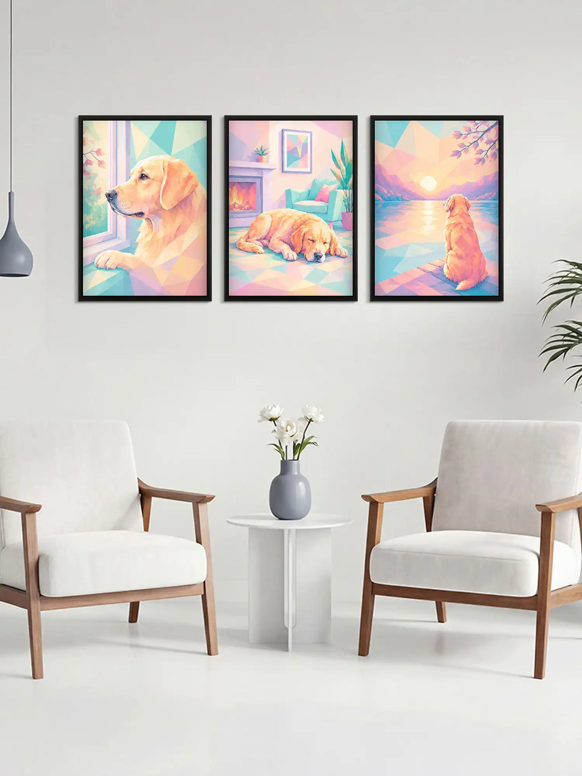 Geometric dog wall art set of 3 - contemporary pet illustration artwork - pastel animal decor - black wooden frames - Spaces Unhooked
