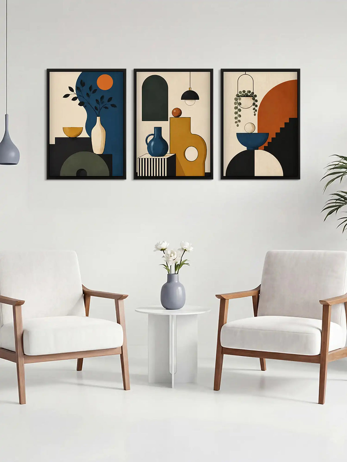Mid-century modern wall art set of 3 - geometric still life illustration - retro contemporary decor - black wooden frames - Spaces Unhooked