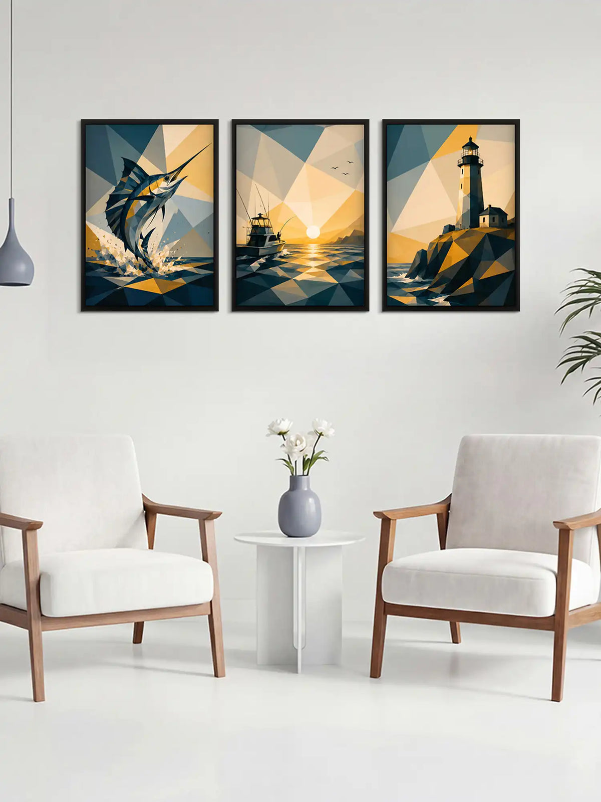 Low-poly coastal wall art set of 3 - geometric ocean illustration artwork - lighthouse and marine decor - black wooden frames - Spaces Unhooked
