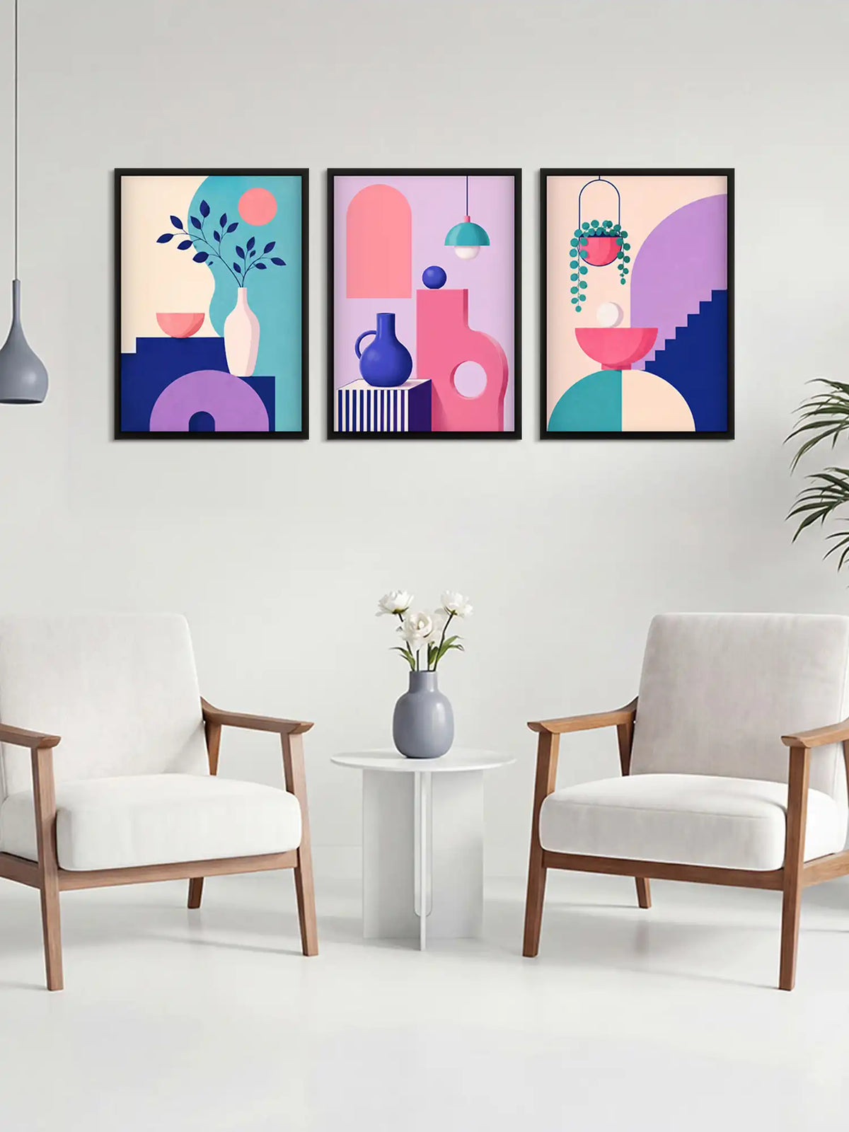Geometric illustration wall art set of 3 - Memphis still life artwork - colorful abstract decor - black wooden frames - Spaces Unhooked