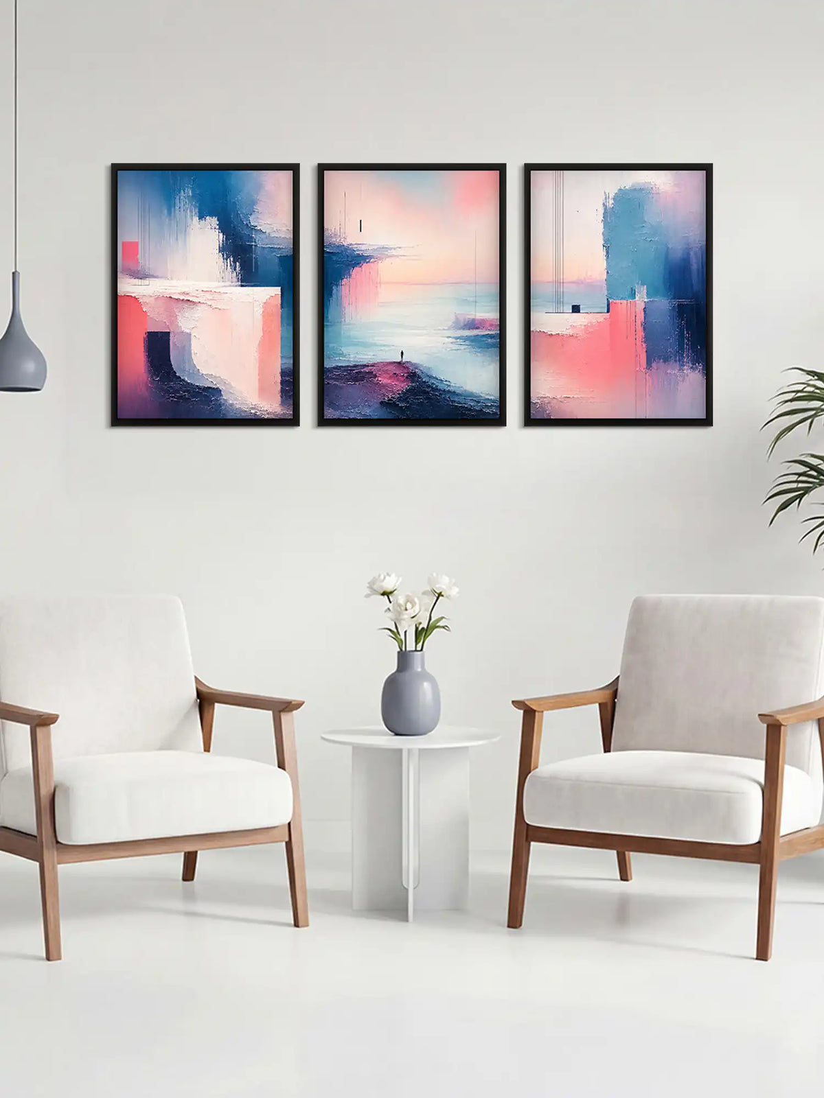 Abstract sea shore wall art set of 3 - painterly abstraction artwork - coastal contemporary decor - black wooden frames - Spaces Unhooked