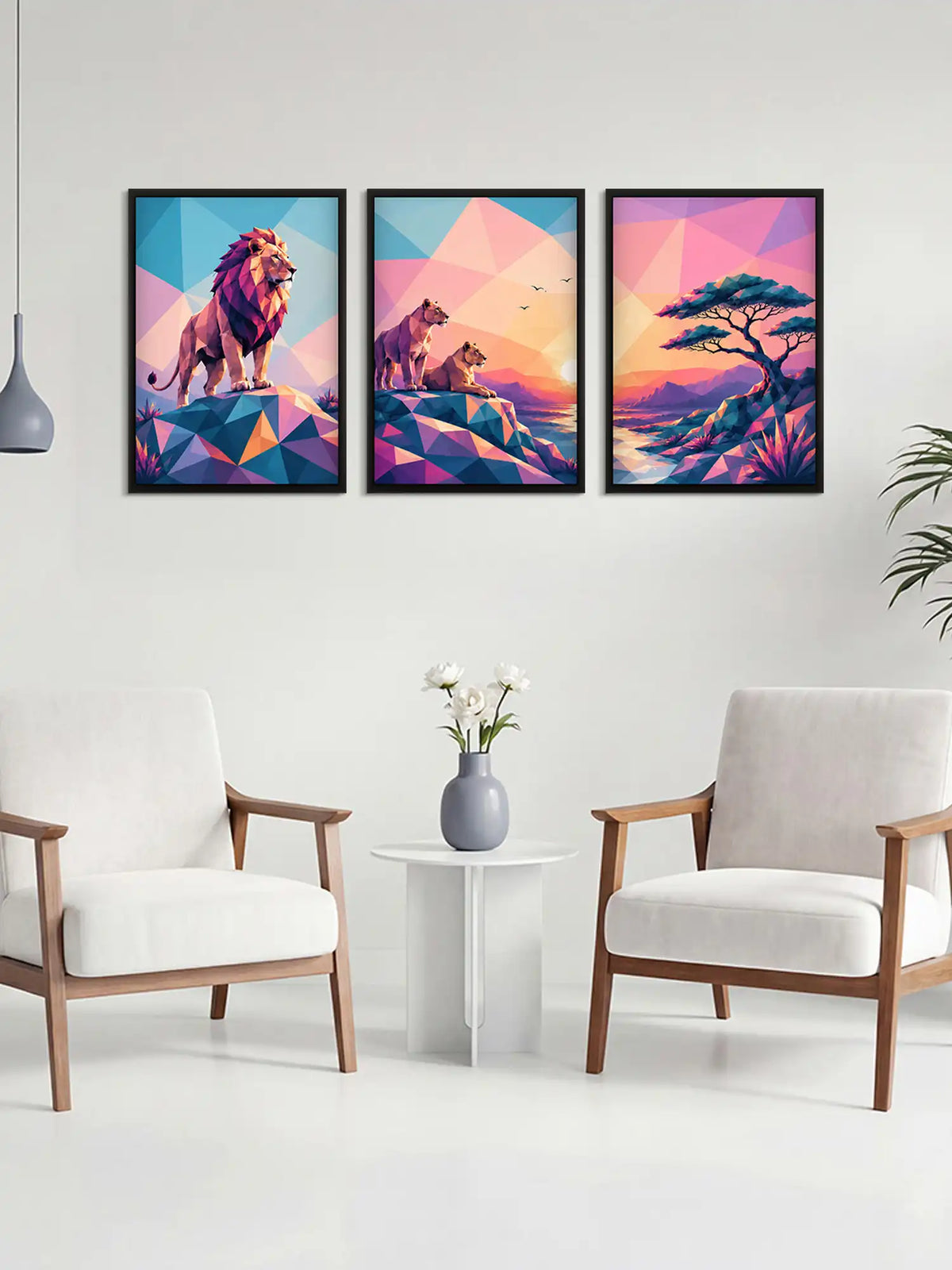 Low-poly wildlife wall art set of 3 - geometric lion illustration artwork - modern geometric decor - black wooden frames - Spaces Unhooked